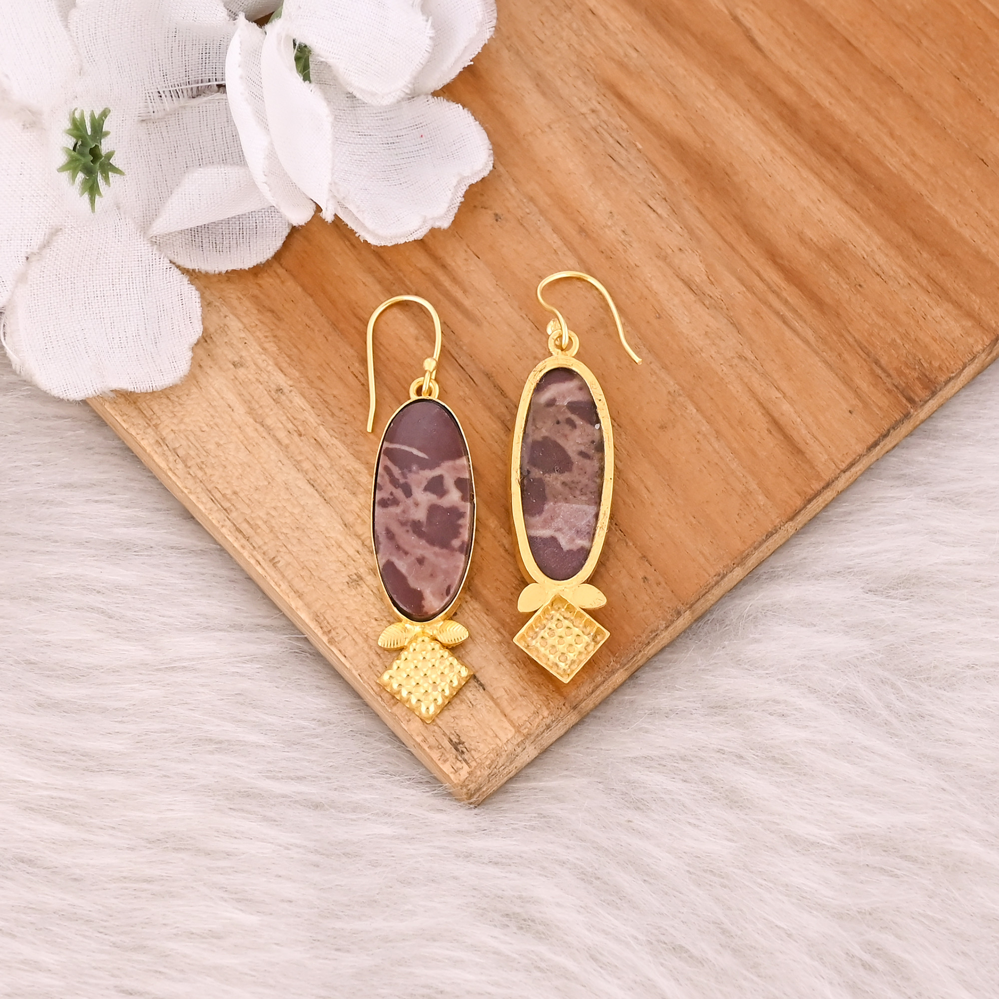 Yellow Gold Plated Brass Malinga Jasper Handmade Designer Women Dangler Earring