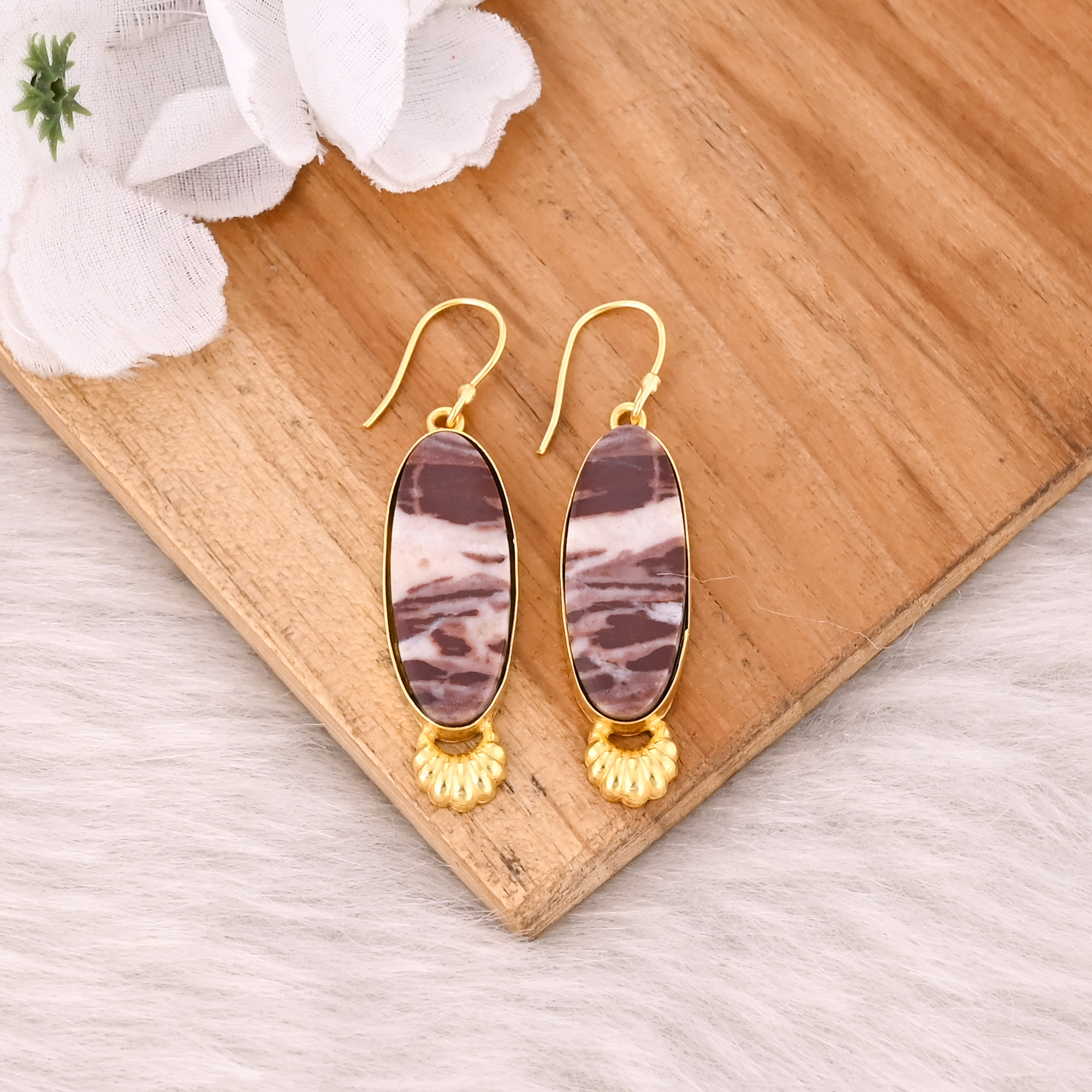 Malinga Jasper Long Oval Gemstone Handmade Designer Yellow Gold Plated  Brass Wholesale Earring