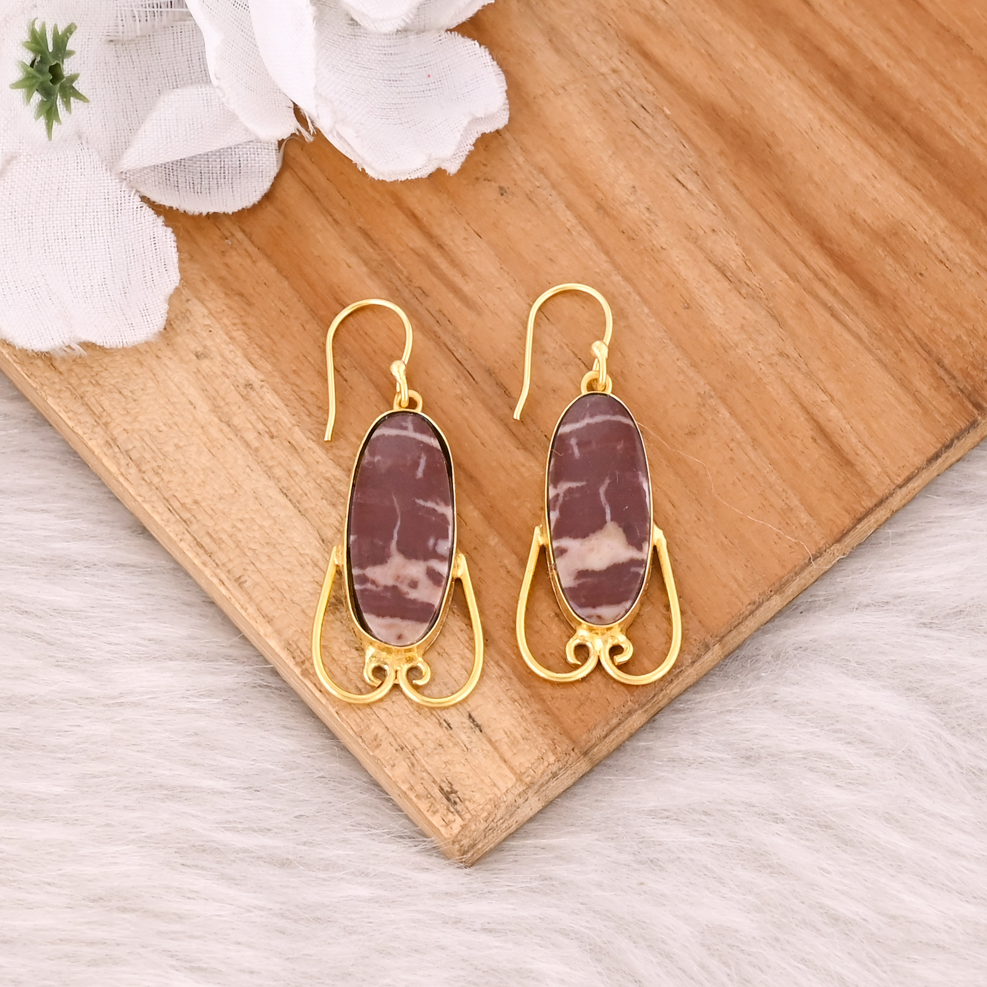 Malinga Jasper Gemstone Brass Yellow Gold Plated Handmade Designer Earring