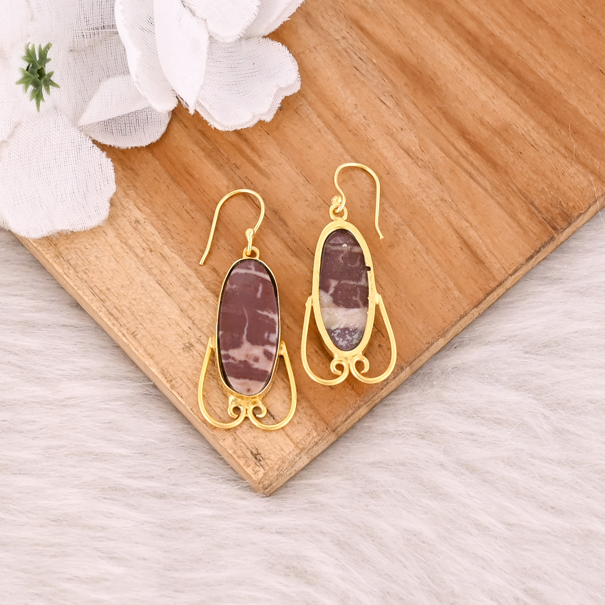 Malinga Jasper Gemstone Brass Yellow Gold Plated Handmade Designer Earring