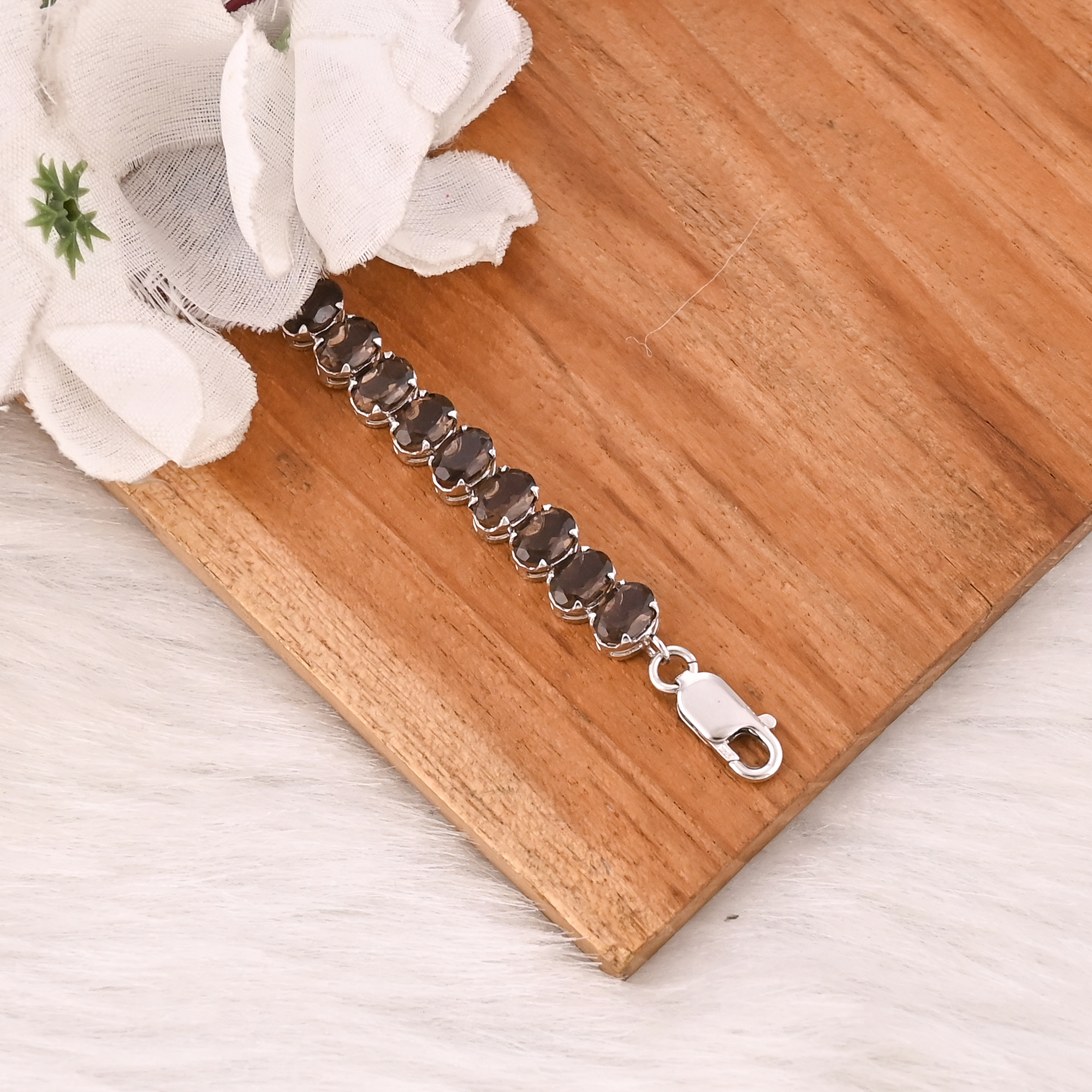 Luxury Natural Smoky Quartz 925 Sterling Silver Tennis Bracelet Jewelry for Unisex