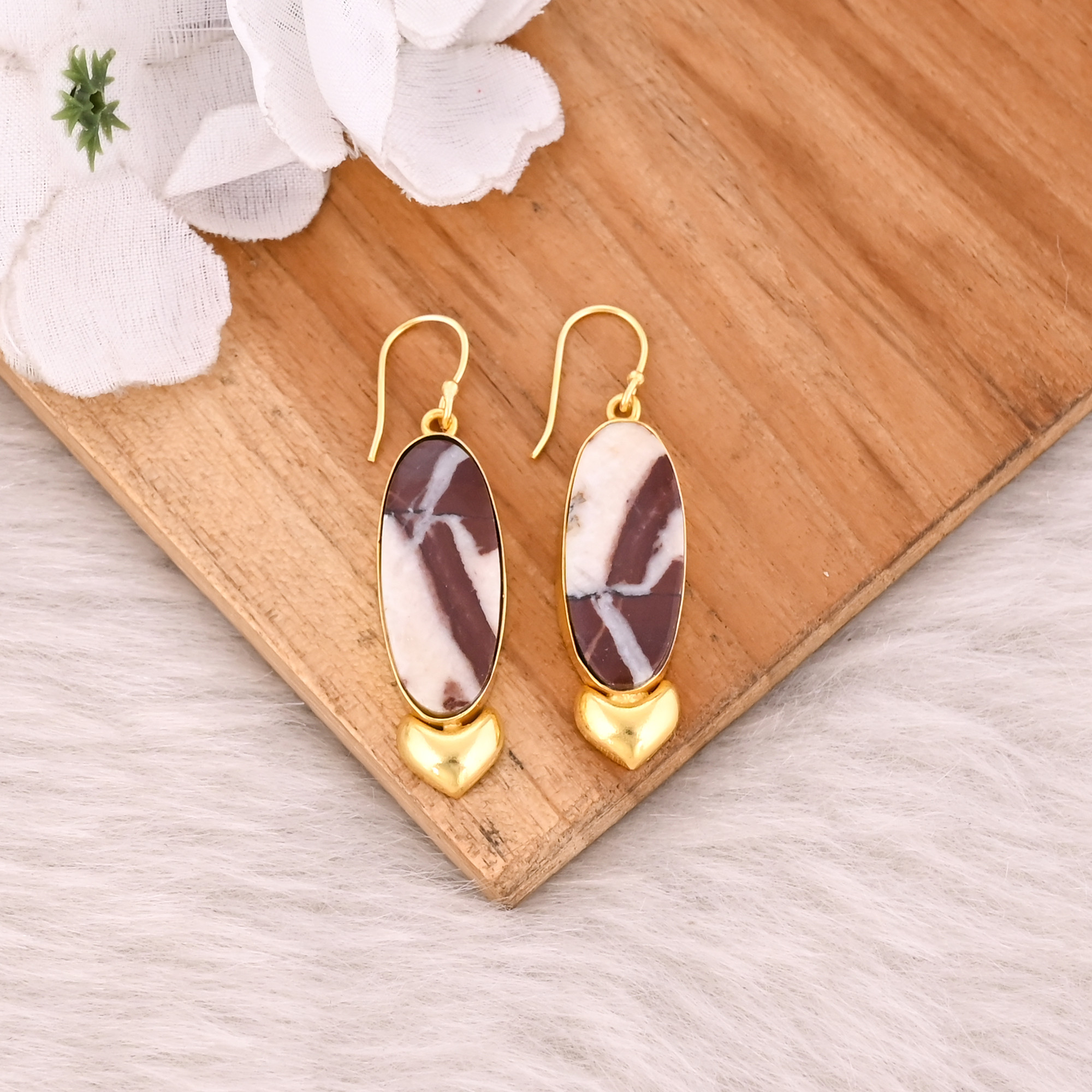 Yellow Gold Plated Brass Handmade Designer Malinga Jasper Gemstone Earring