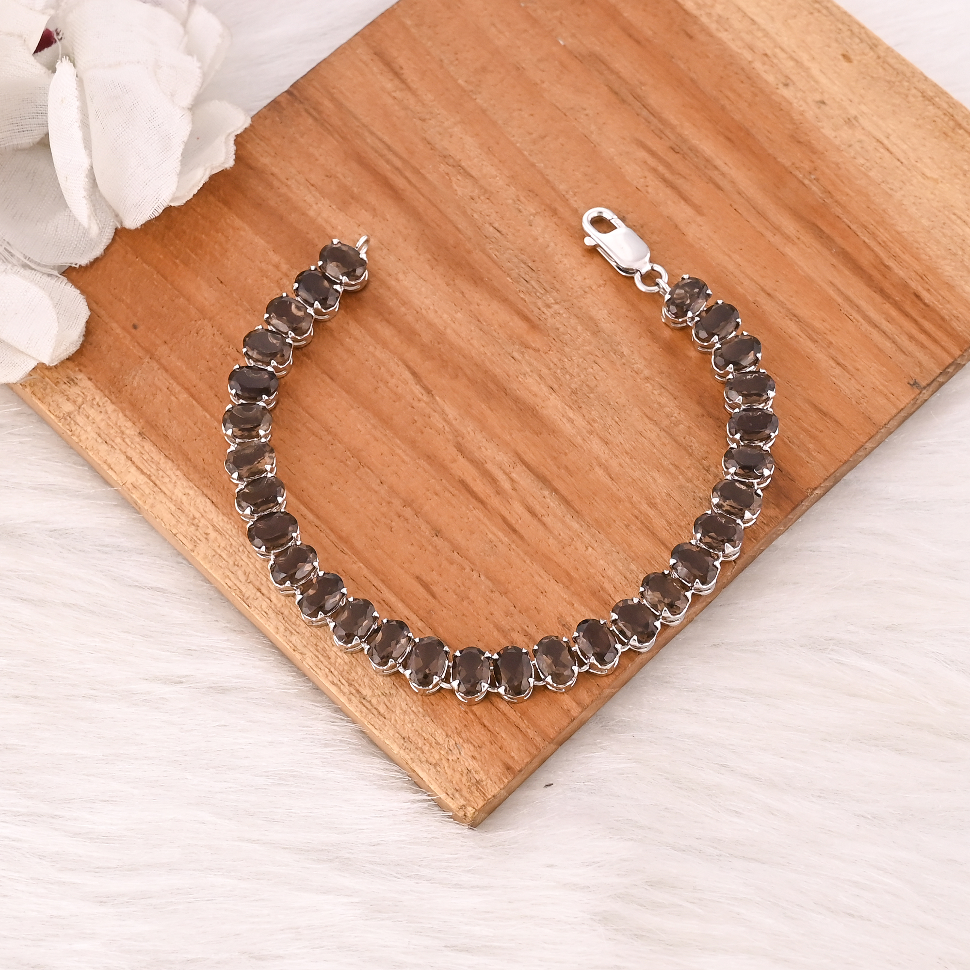 Luxury Natural Smoky Quartz 925 Sterling Silver Tennis Bracelet Jewelry for Unisex