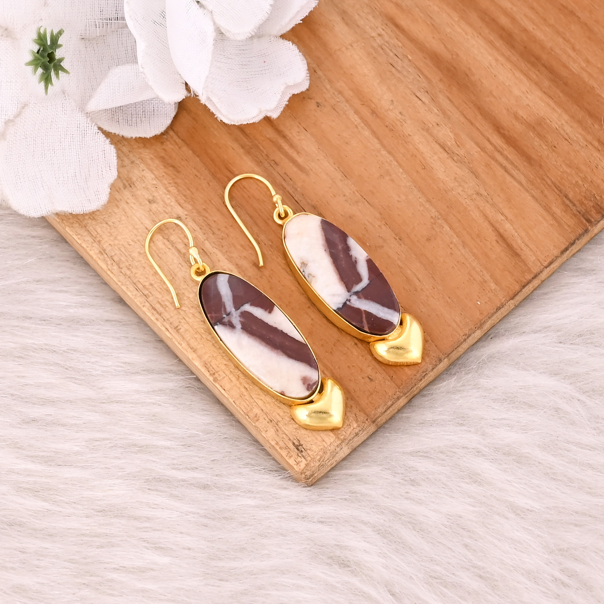 Yellow Gold Plated Brass Handmade Designer Malinga Jasper Gemstone Earring