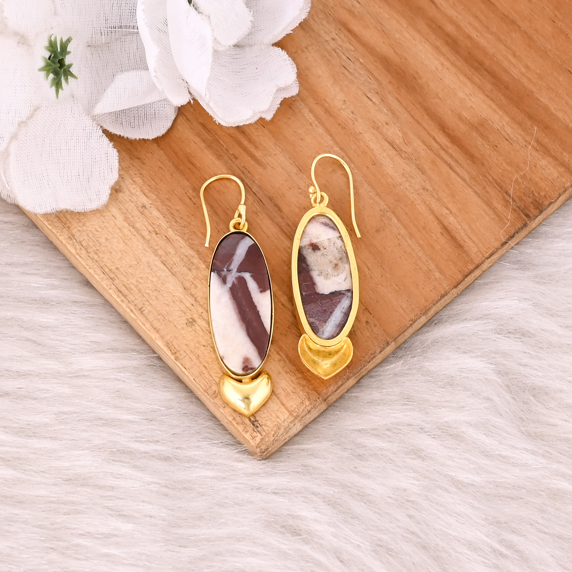 Yellow Gold Plated Brass Handmade Designer Malinga Jasper Gemstone Earring