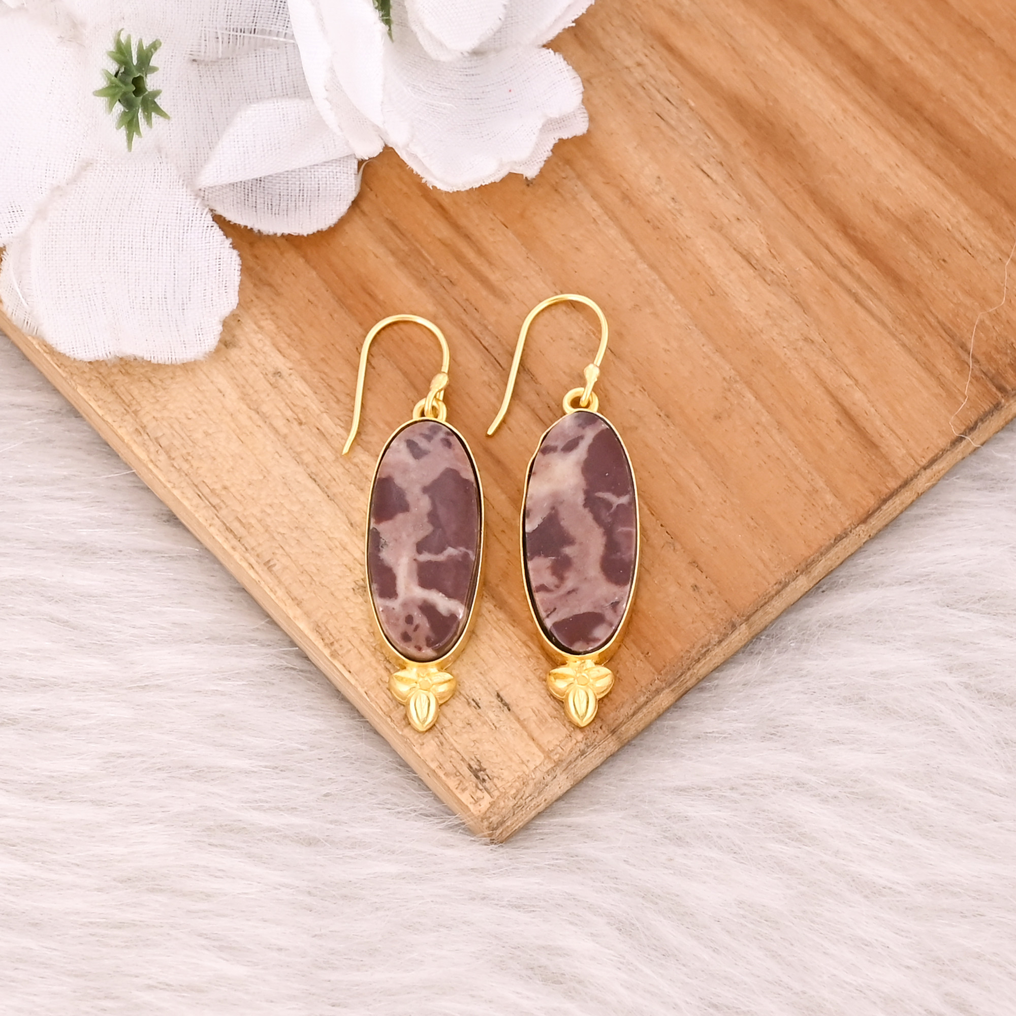 Malinga jasper Gemstone Oval Shape Handmade Designer Brass Gold Plated Dangler Earring Gift For Her