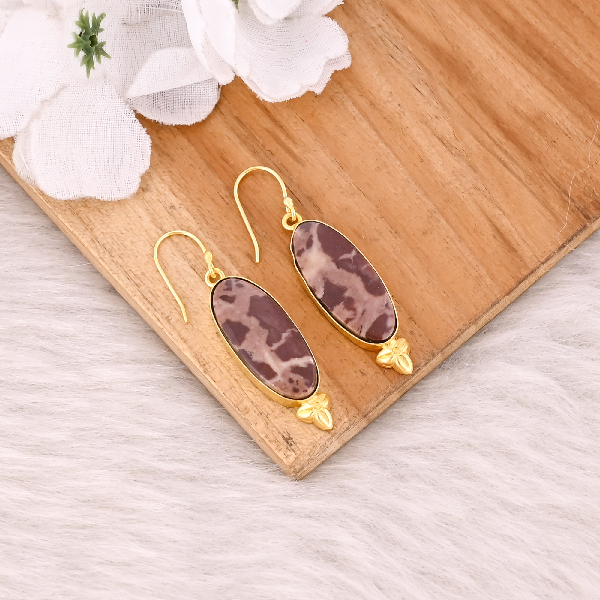 Malinga jasper Gemstone Oval Shape Handmade Designer Brass Gold Plated Dangler Earring Gift For Her