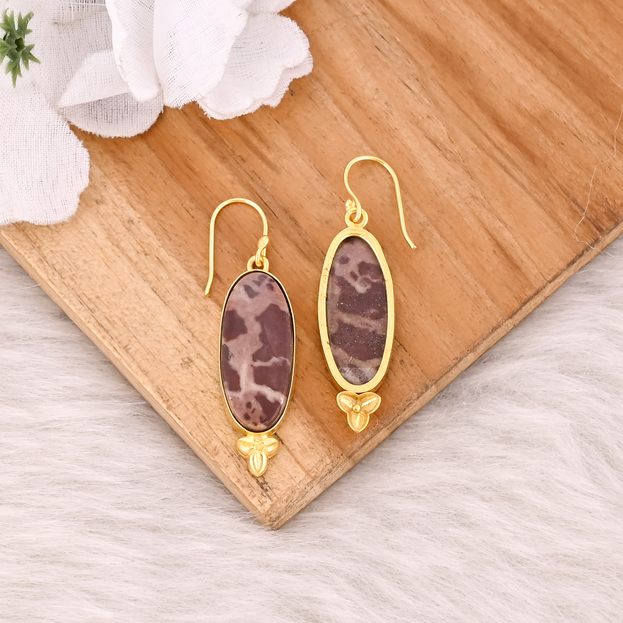 Malinga Jasper Long Oval Gemstone Handmade Designer Yellow Gold Plated  Brass Wholesale Earring