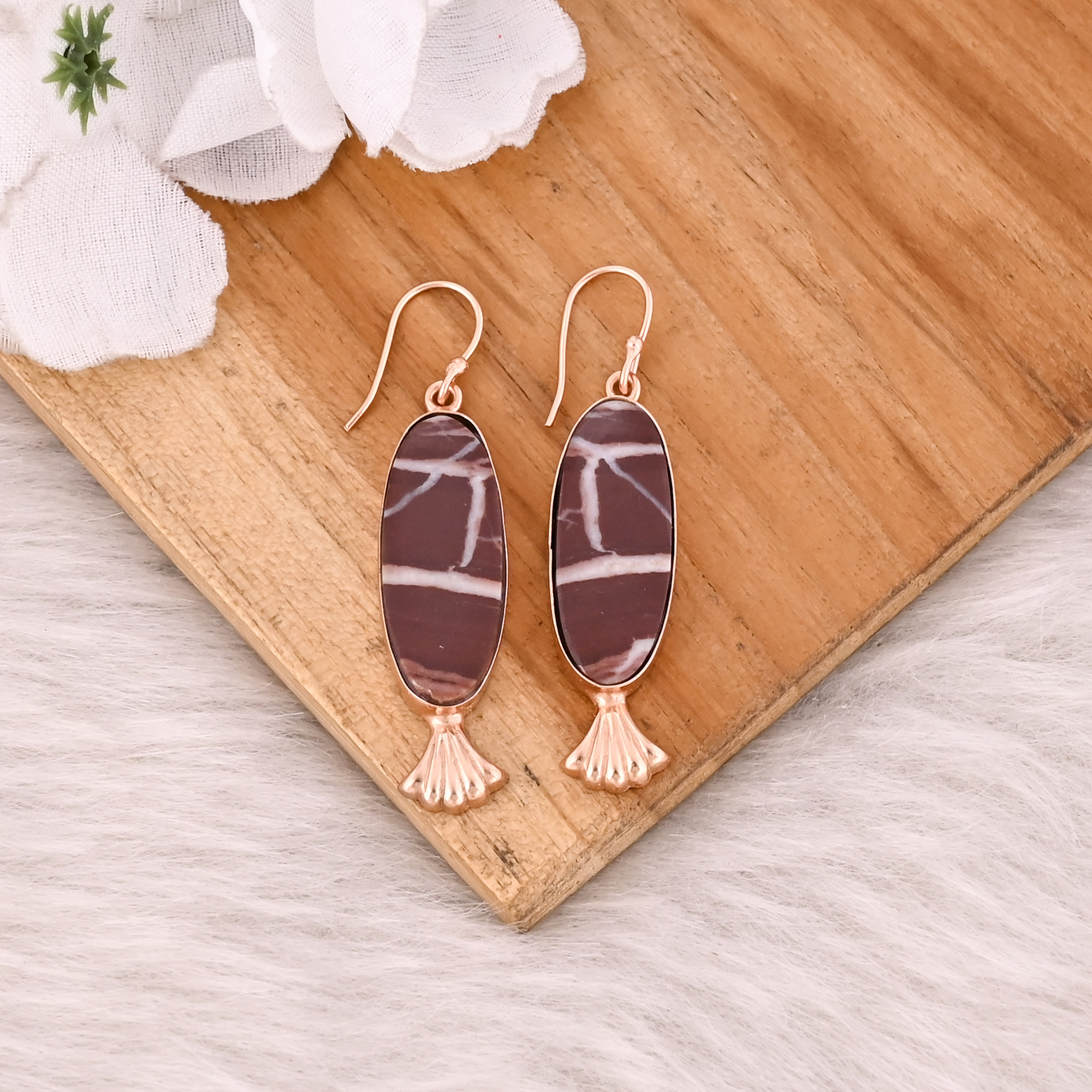 Handmade Trendy Brass Jewelry Rose Gold-Plated Malinga Jasper Gemstone Dangle Earrings For Women