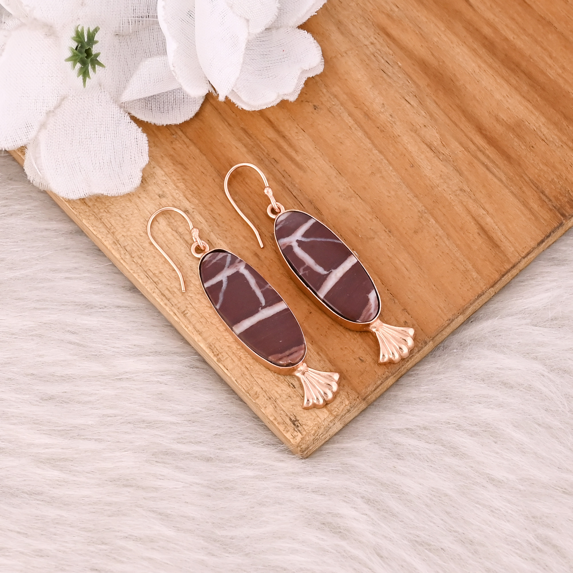 Handmade Trendy Brass Jewelry Rose Gold-Plated Malinga Jasper Gemstone Dangle Earrings For Women