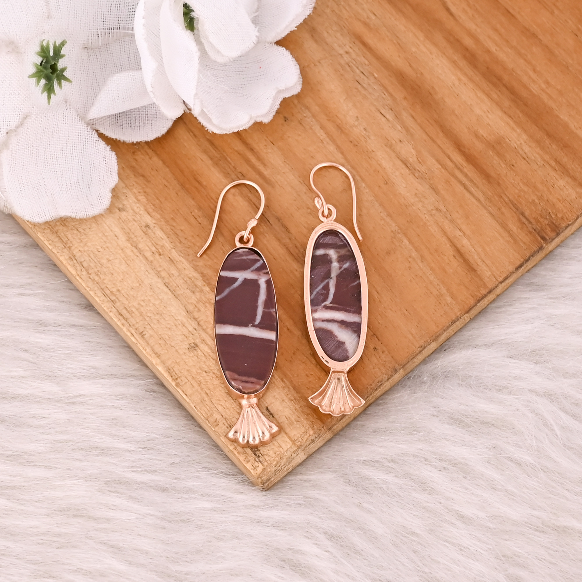 Handmade Trendy Brass Jewelry Rose Gold-Plated Malinga Jasper Gemstone Dangle Earrings For Women