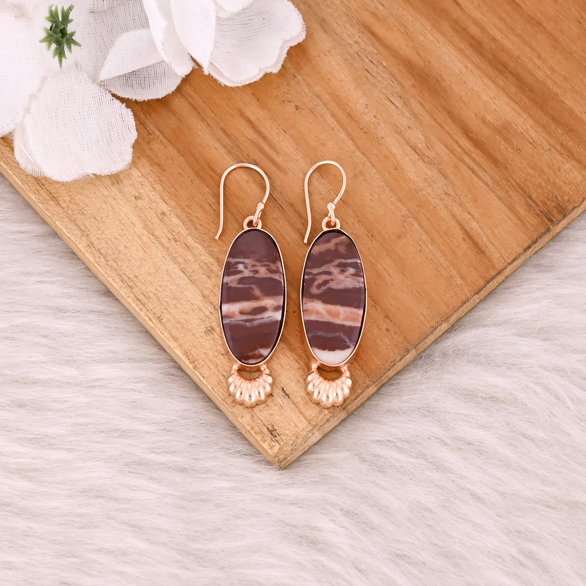 Handmade Trendy Brass Jewelry Rose Gold-Plated Malinga Jasper Dangle Earrings