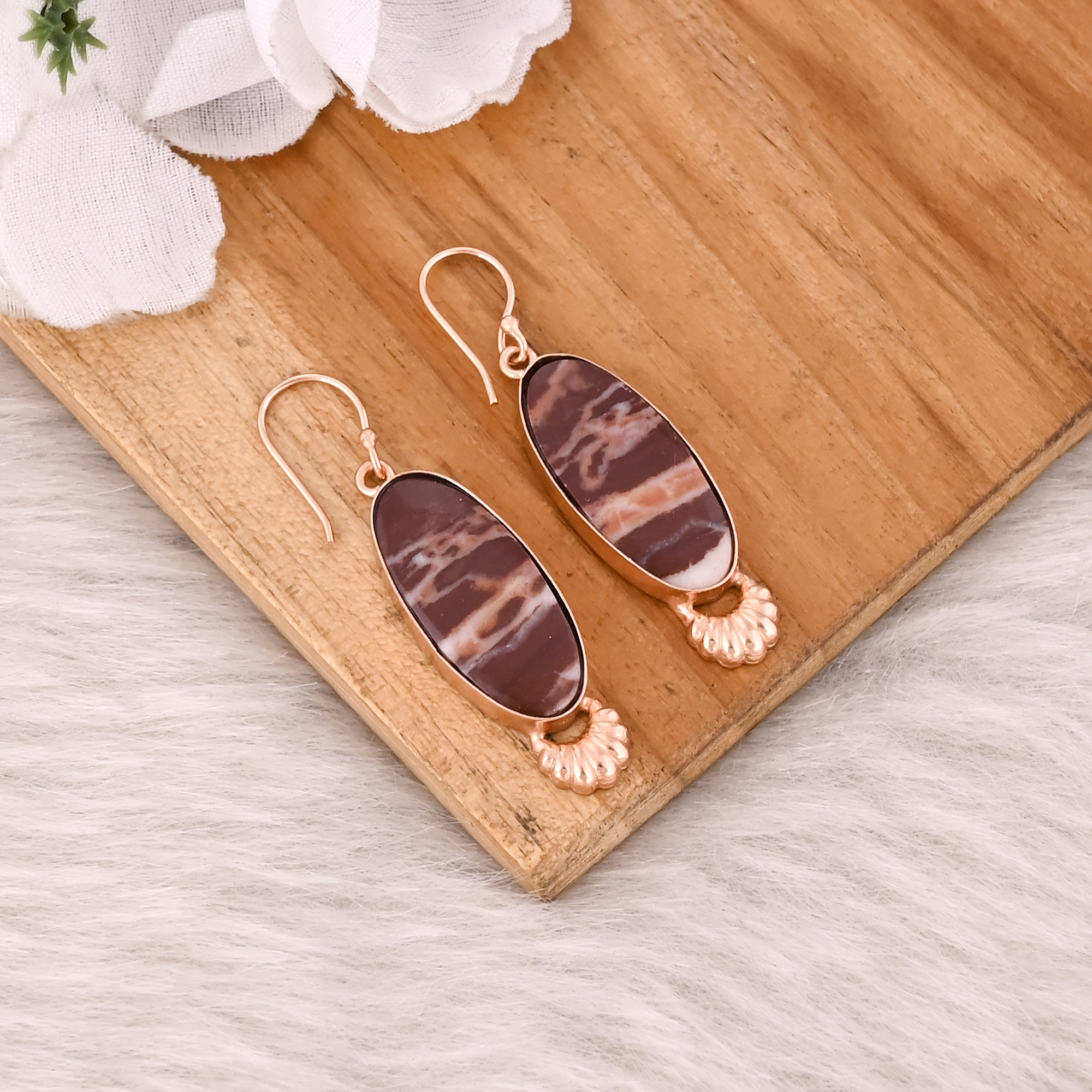 Handmade Trendy Brass Jewelry Rose Gold-Plated Malinga Jasper Dangle Earrings