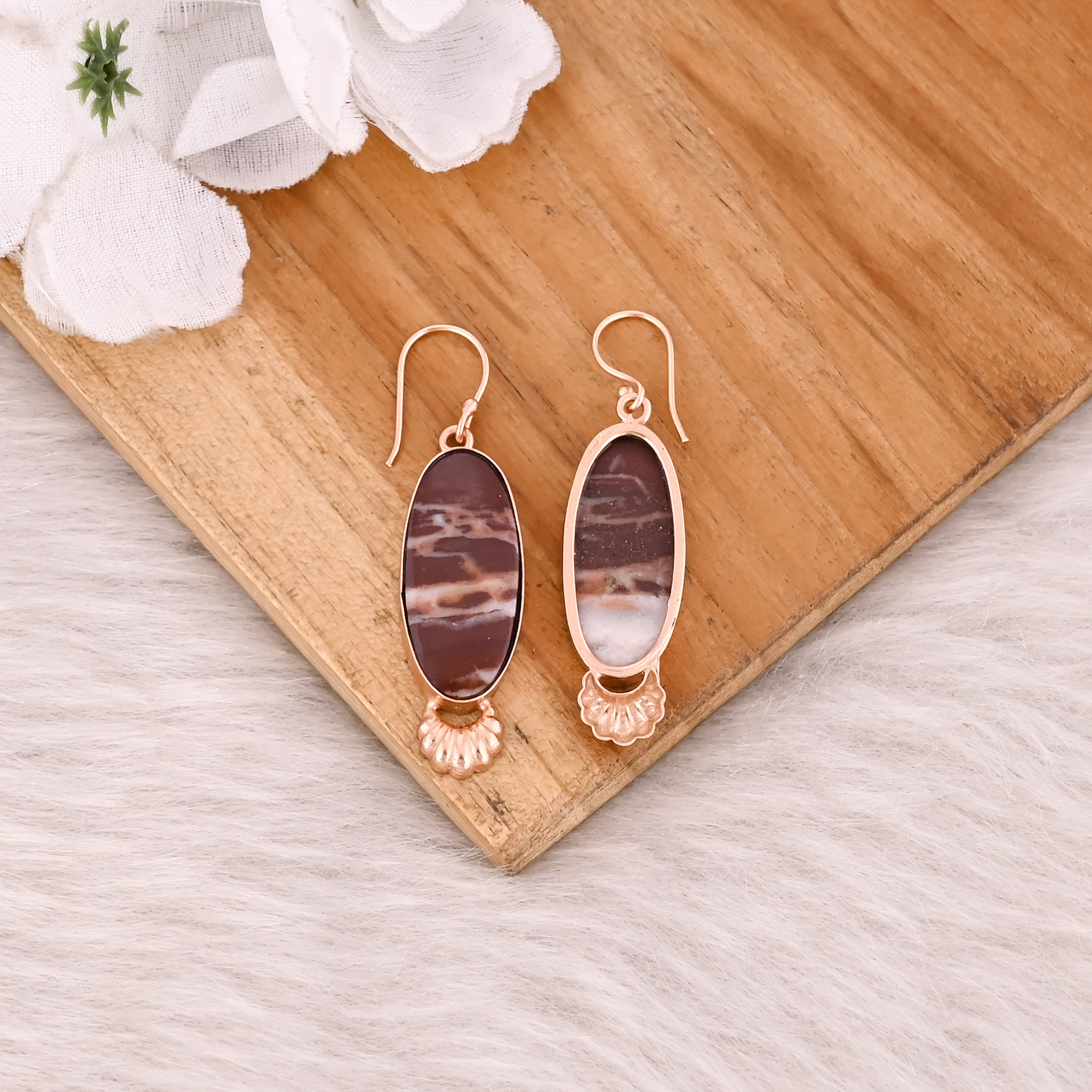 Handmade Trendy Brass Jewelry Rose Gold-Plated Malinga Jasper Dangle Earrings