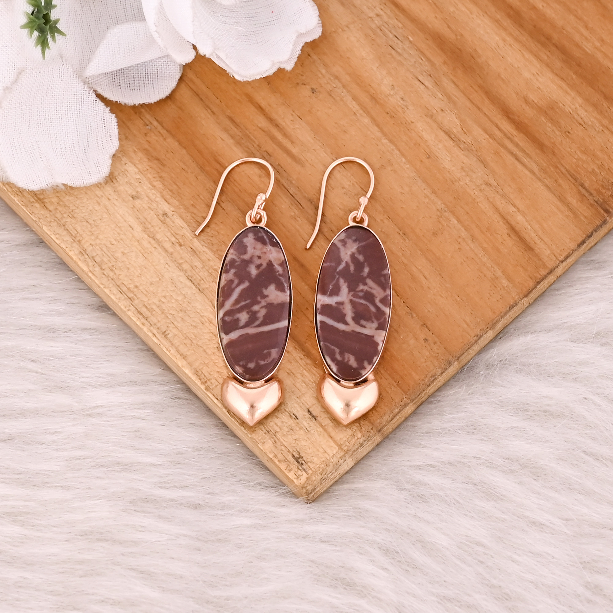 Malinga Jasper Gemstone Rose Gold Plated Fashionable Brass Handmade Big Oval Gemstone Dangle Earring