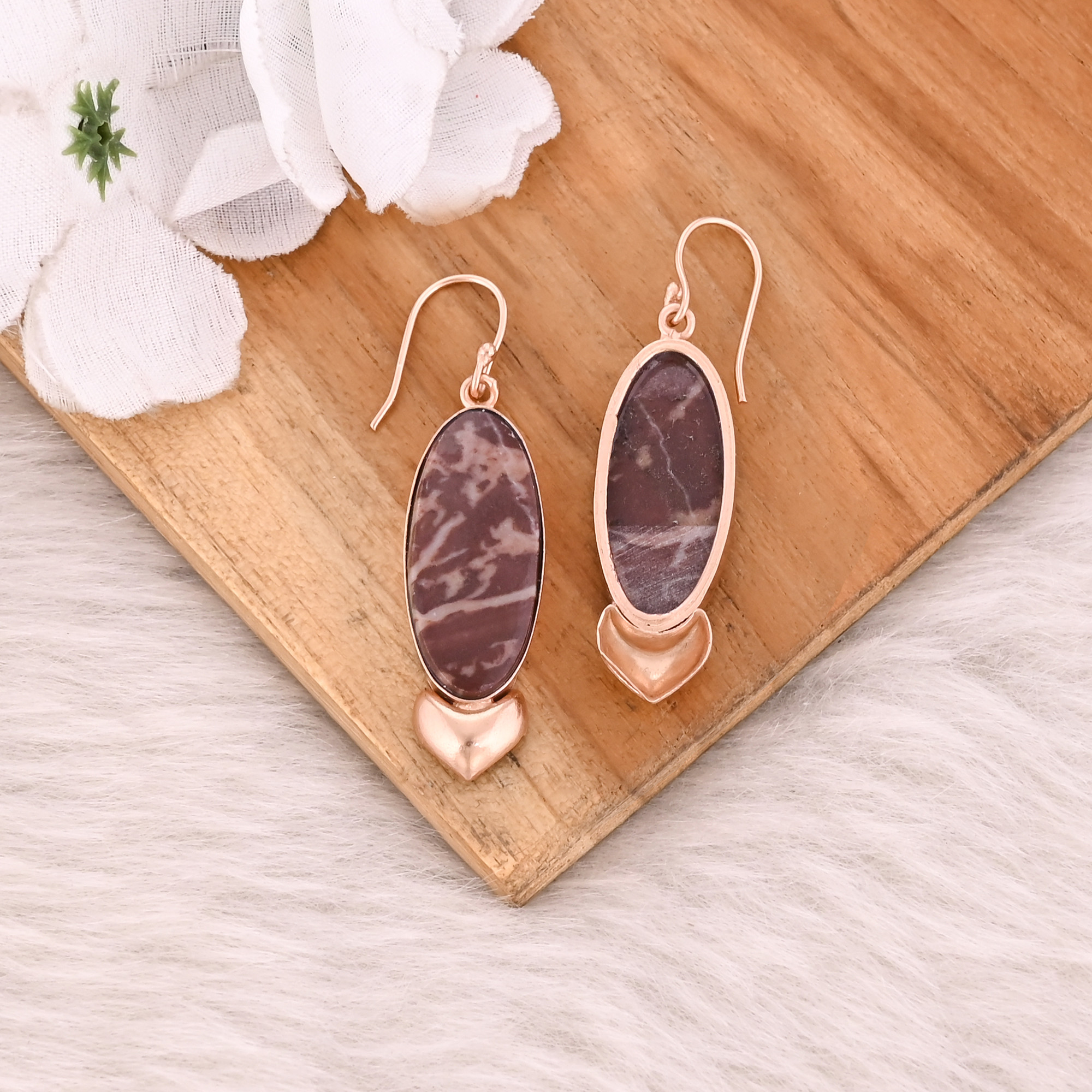 Malinga Jasper Gemstone Rose Gold Plated Fashionable Brass Handmade Big Oval Gemstone Dangle Earring