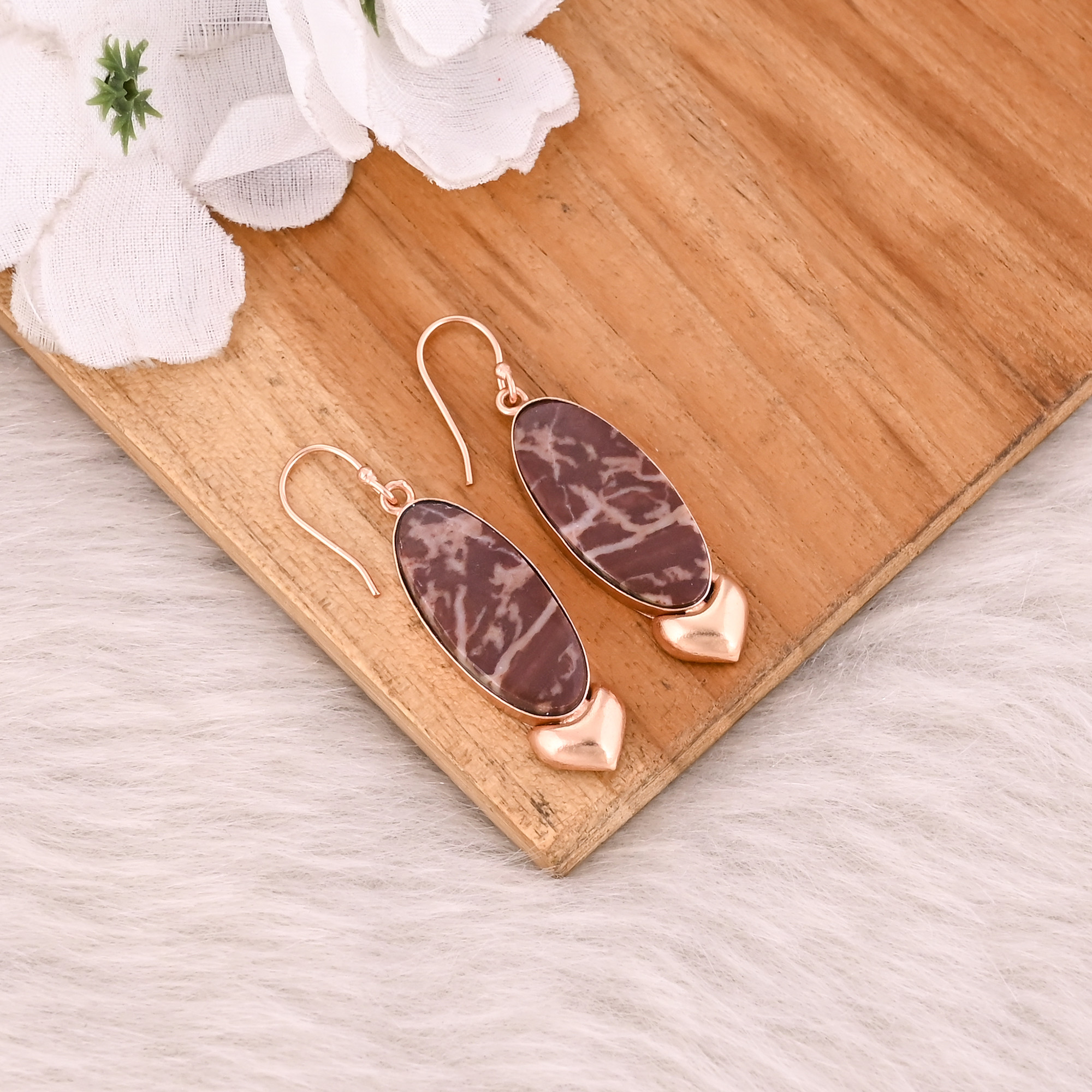 Malinga Jasper Gemstone Rose Gold Plated Fashionable Brass Handmade Big Oval Gemstone Dangle Earring