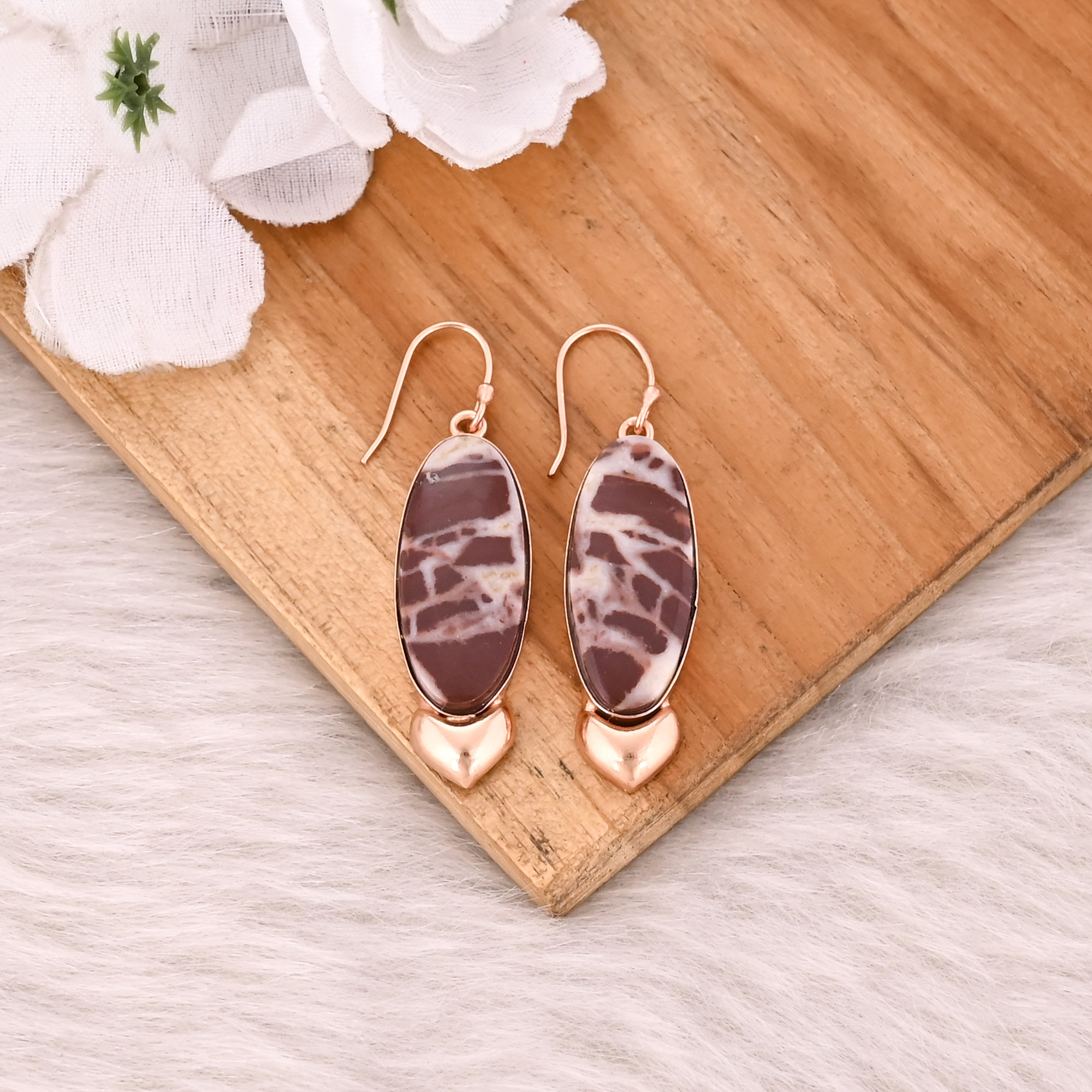 Malinga Jasper Long Oval Gemstone Handmade Designer Brass Rose Gold Plated Dangler Earring