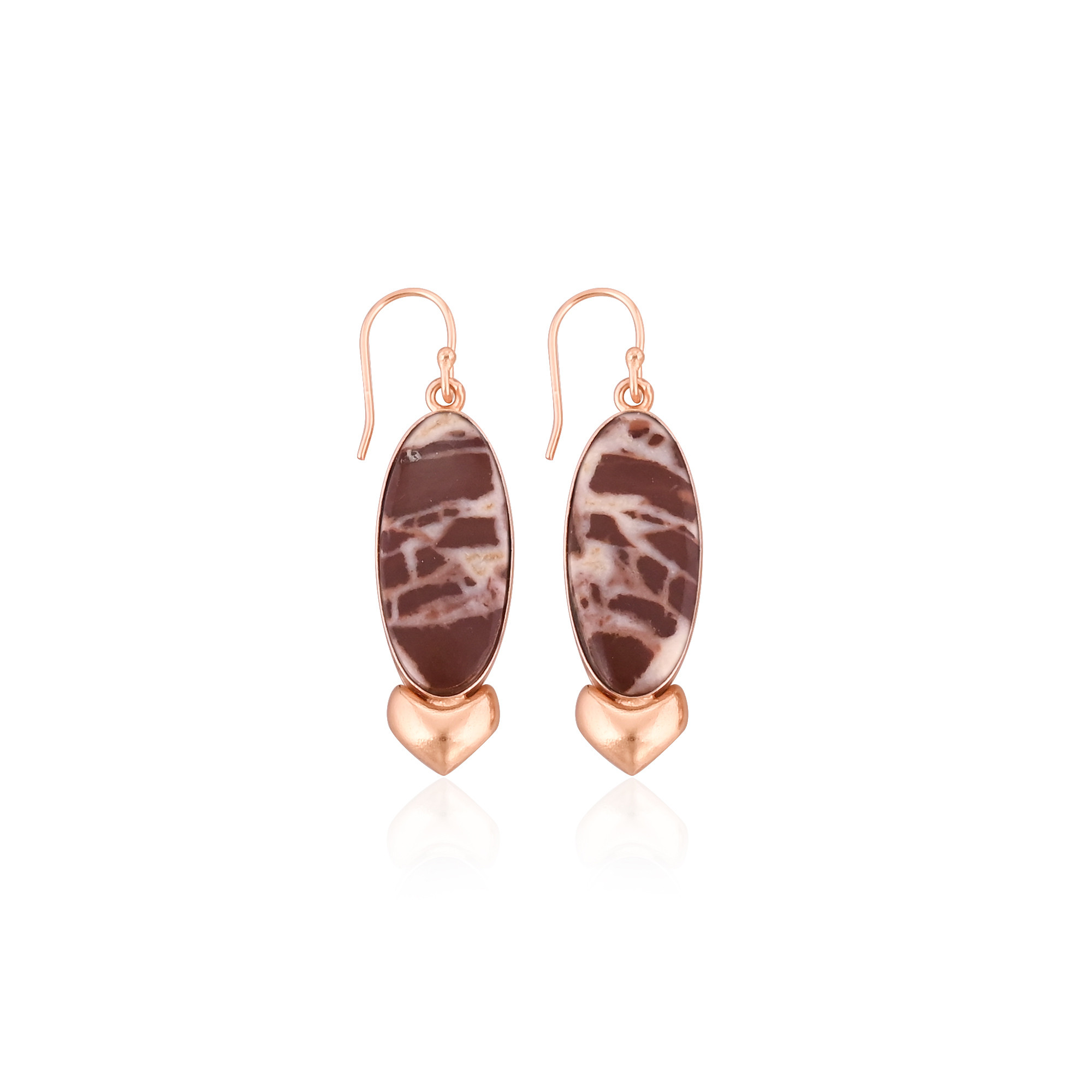 Malinga Jasper Long Oval Gemstone Handmade Designer Brass Rose Gold Plated Dangler Earring