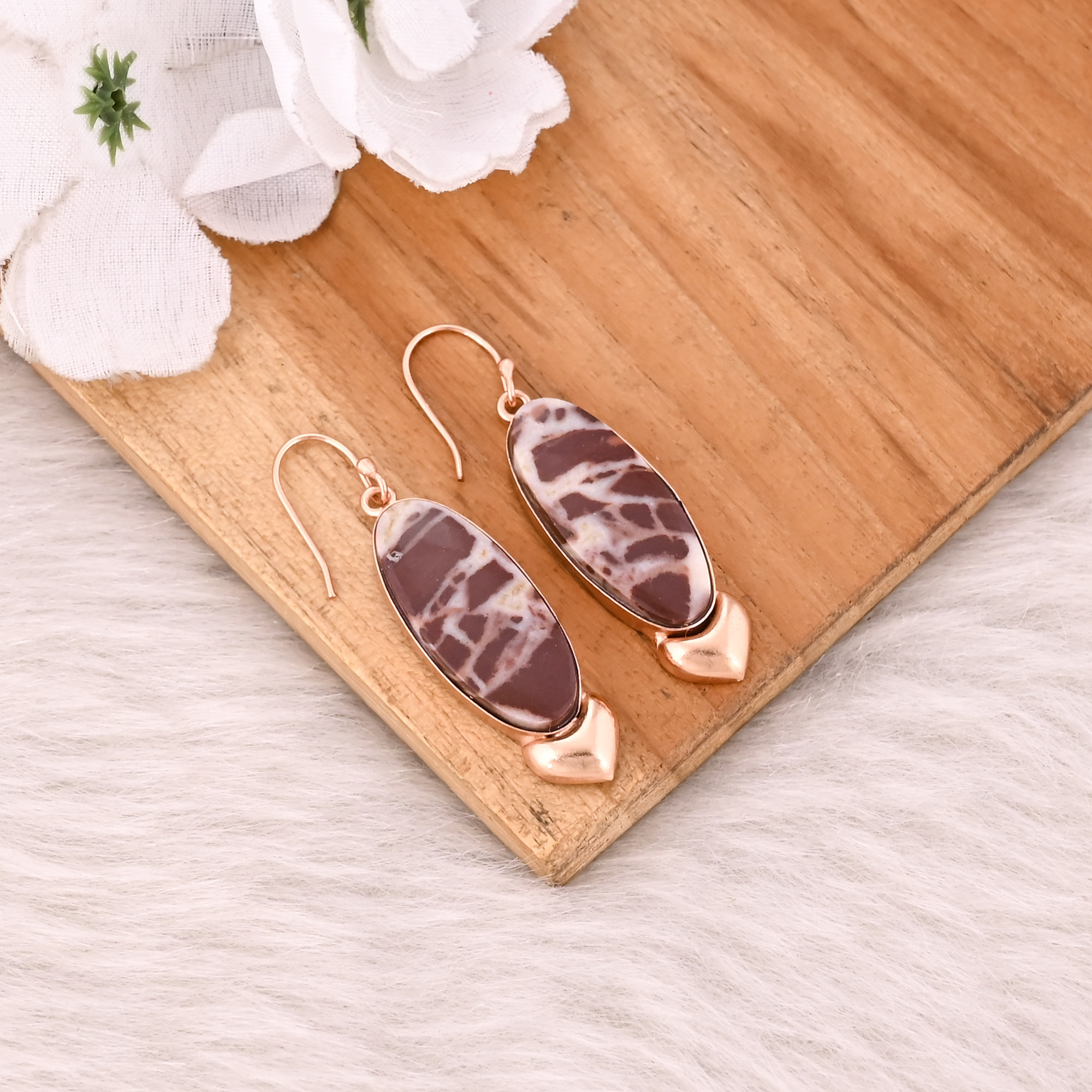 Malinga Jasper Long Oval Gemstone Handmade Designer Brass Rose Gold Plated Dangler Earring