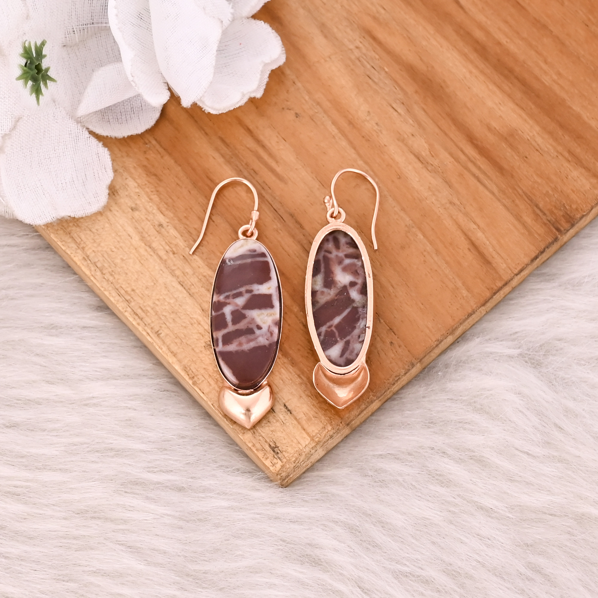 Malinga Jasper Long Oval Gemstone Handmade Designer Brass Rose Gold Plated Dangler Earring