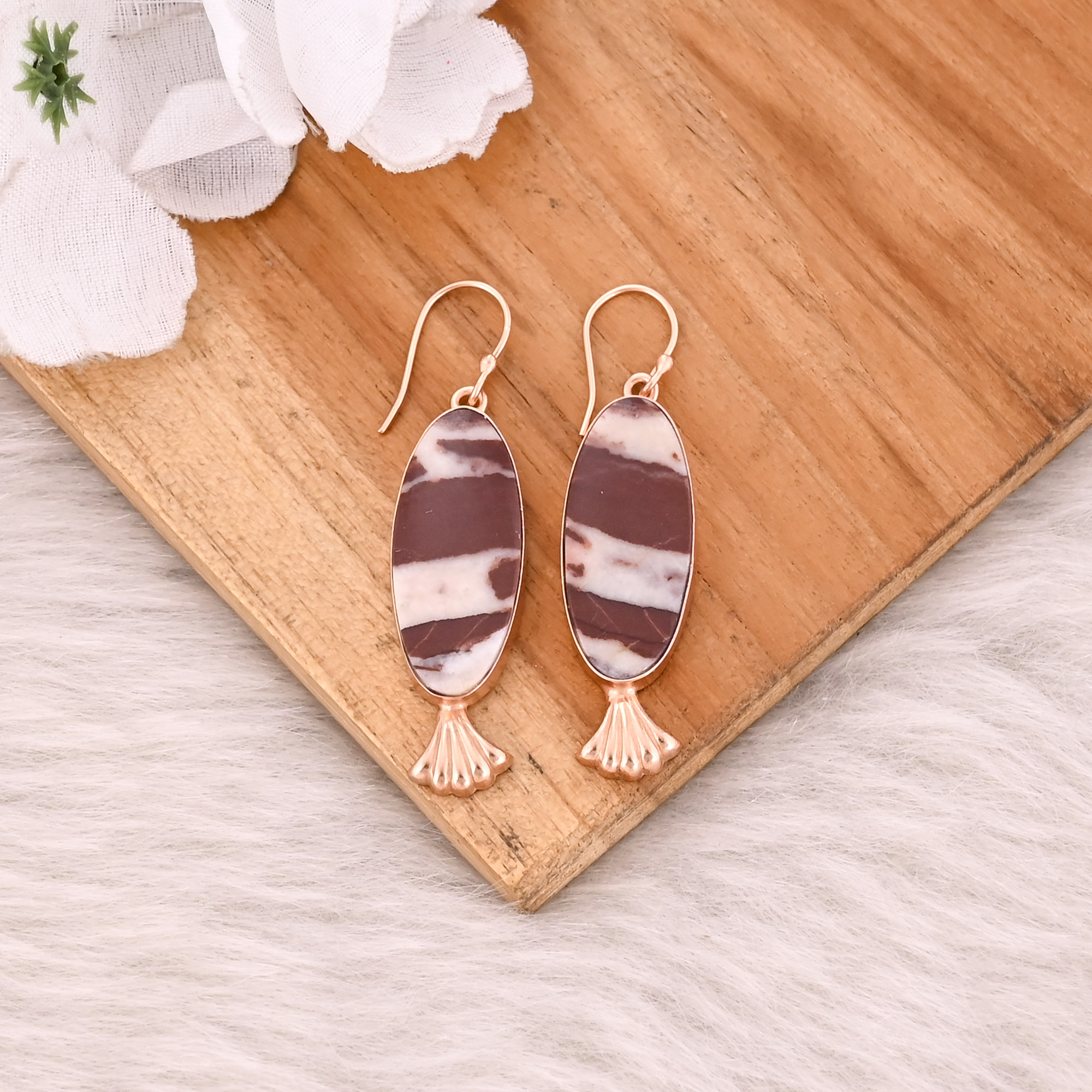 Handmade Trendy Brass Jewelry Rose Gold-Plated Malinga Jasper Gemstone Dangle Earrings