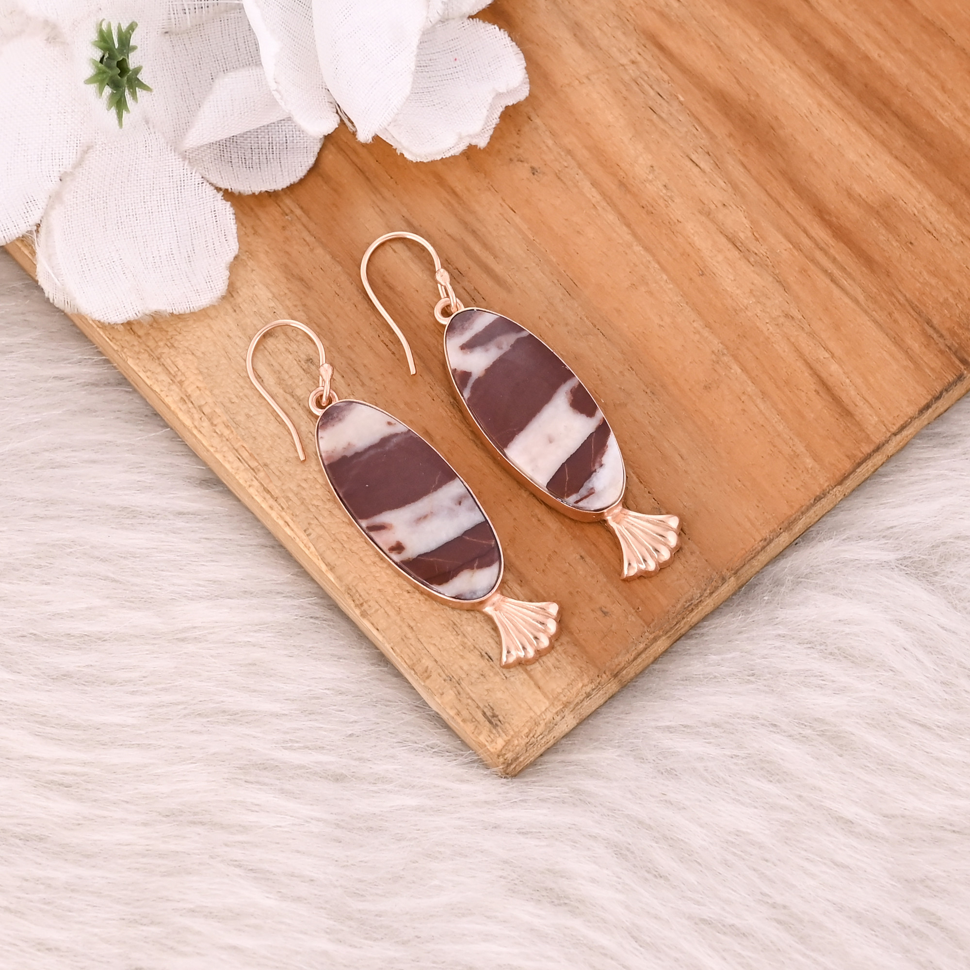 Handmade Trendy Brass Jewelry Rose Gold-Plated Malinga Jasper Gemstone Dangle Earrings
