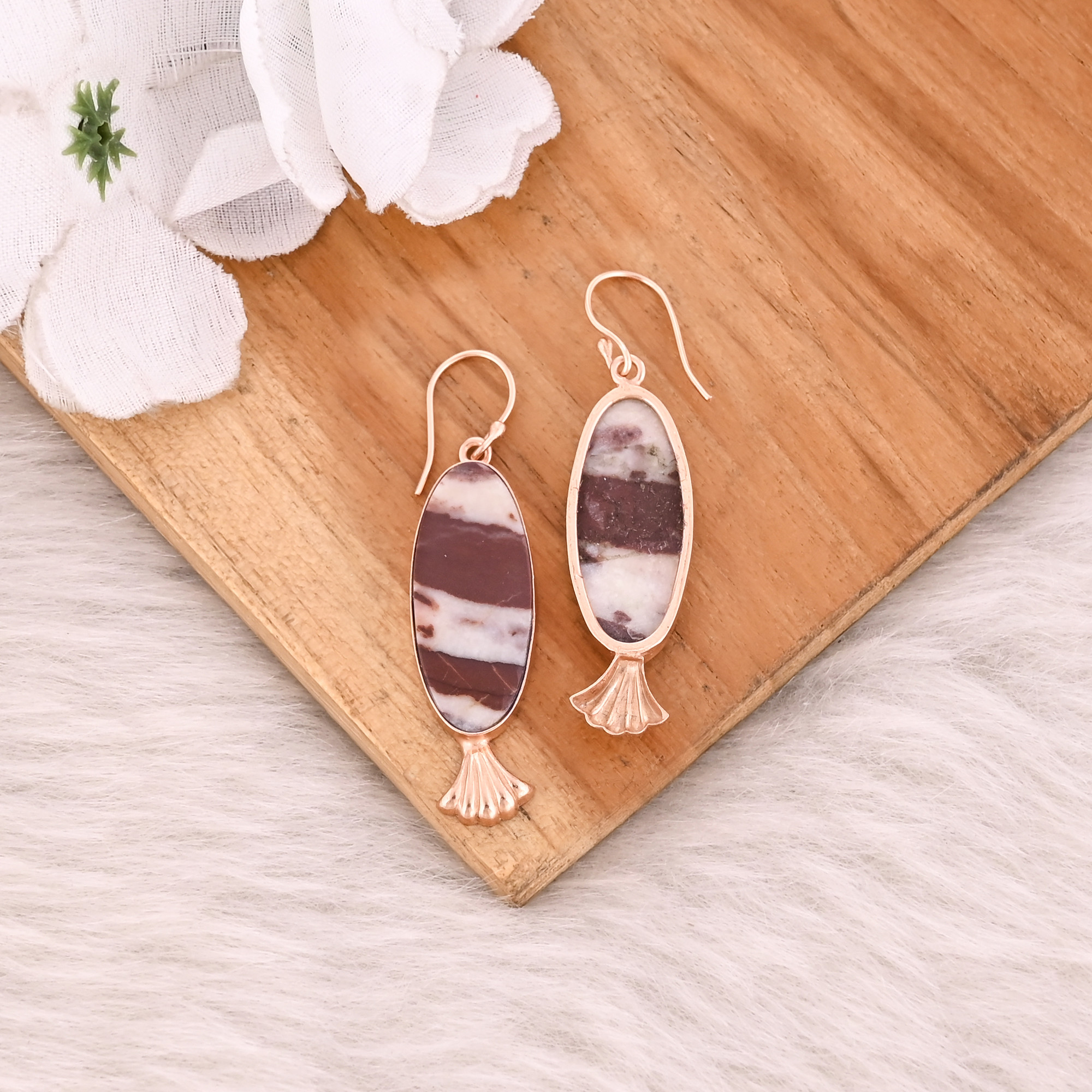 Handmade Trendy Brass Jewelry Rose Gold-Plated Malinga Jasper Gemstone Dangle Earrings