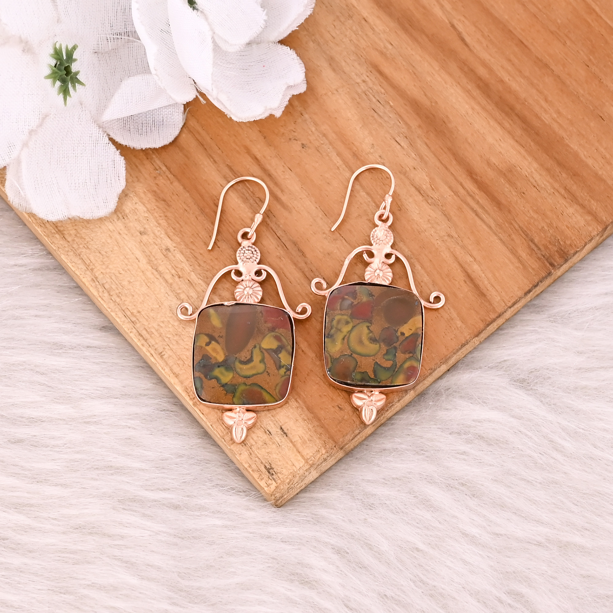 Fruit Jasper Cushion Gemstone Rose Gold Plated Brass Handmade Boho Dangle Designer Statement Earring