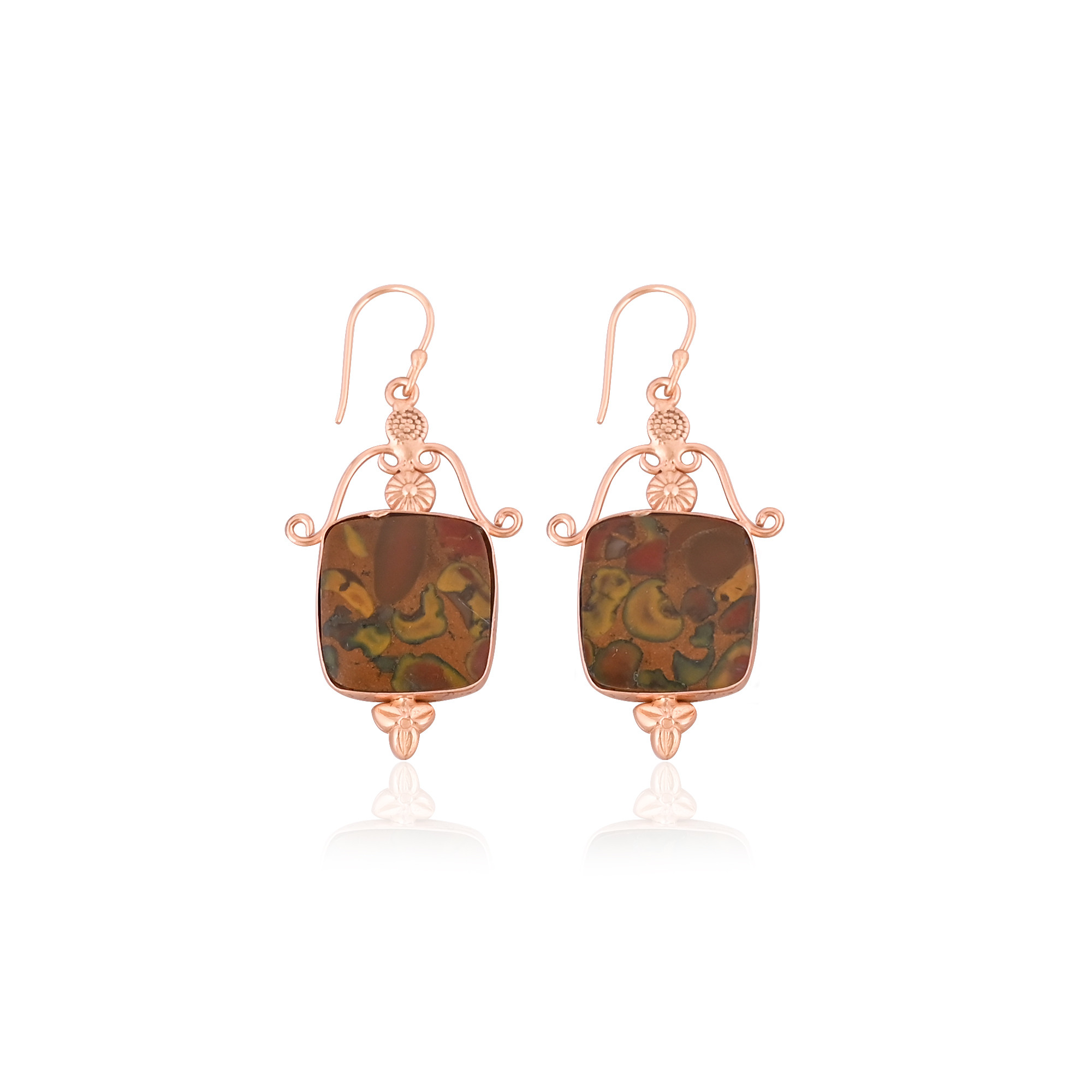 Fruit Jasper Cushion Gemstone Rose Gold Plated Brass Handmade Boho Dangle Designer Statement Earring