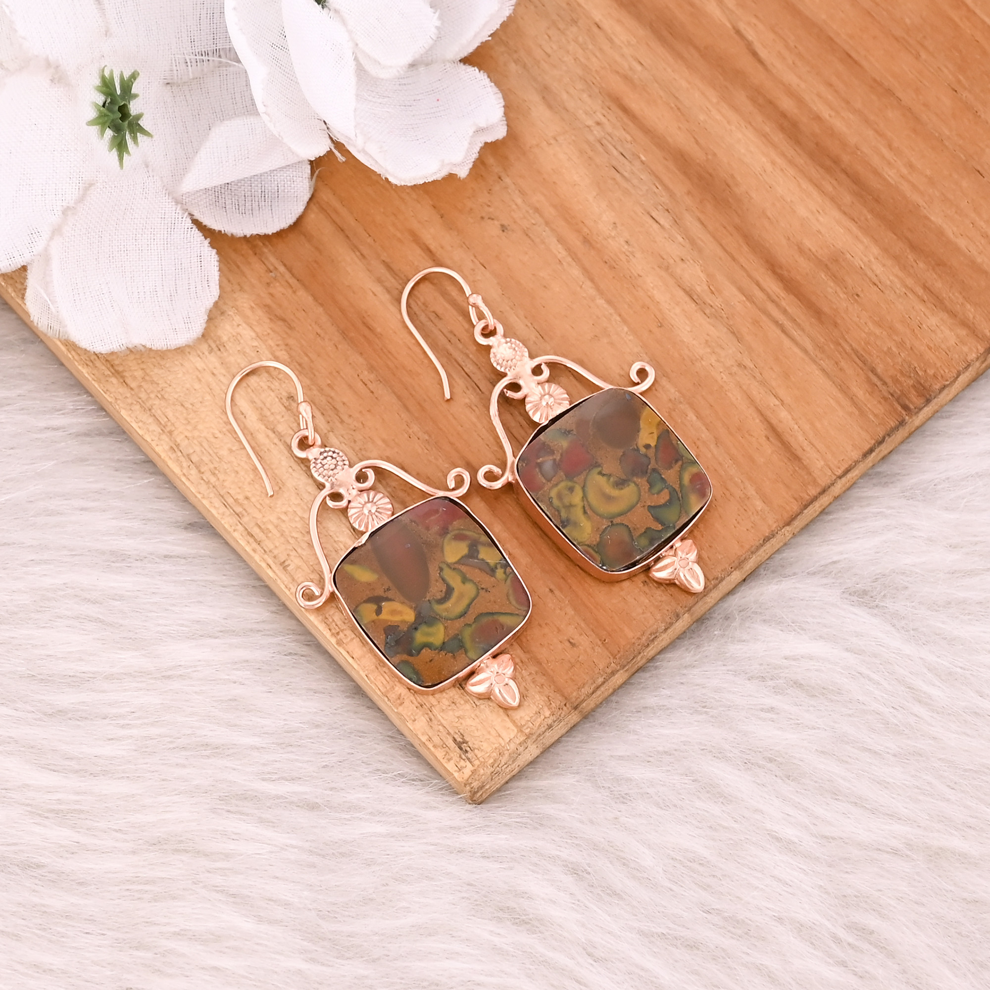 Fruit Jasper Cushion Gemstone Rose Gold Plated Brass Handmade Boho Dangle Designer Statement Earring