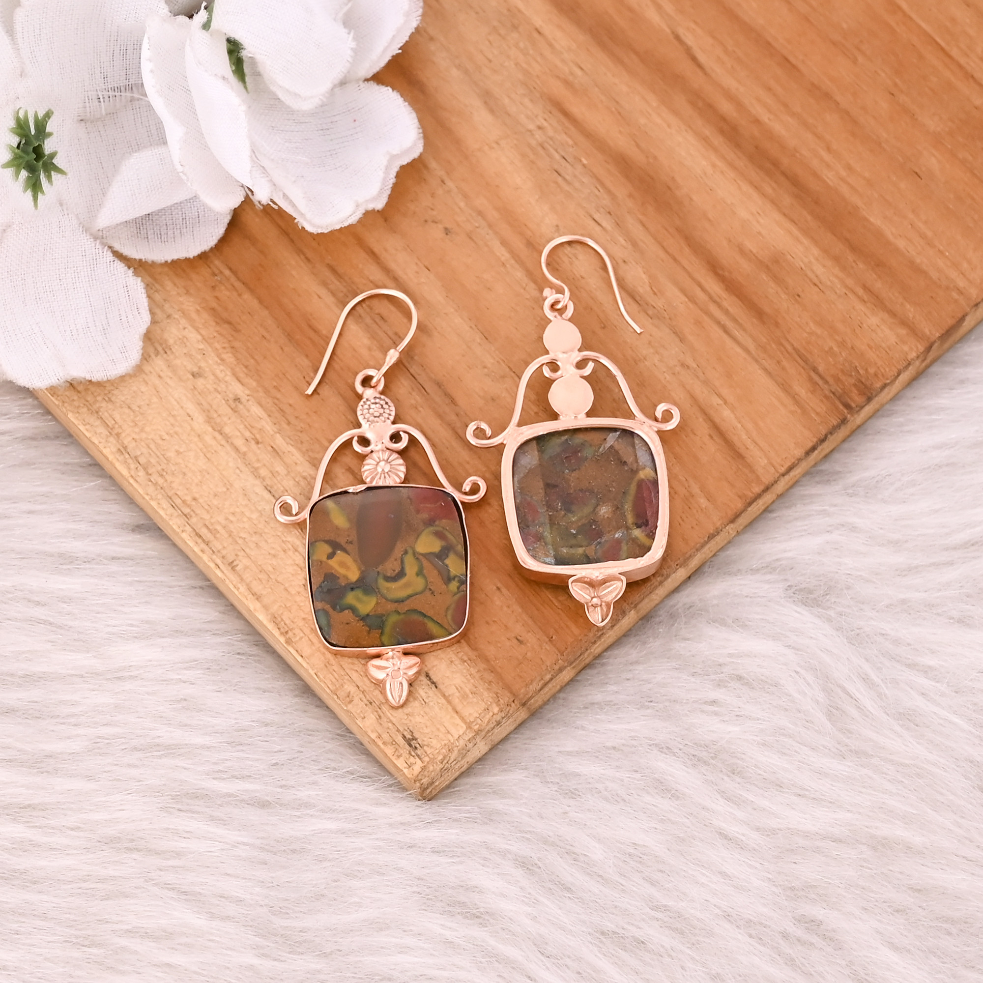 Fruit Jasper Cushion Gemstone Rose Gold Plated Brass Handmade Boho Dangle Designer Statement Earring