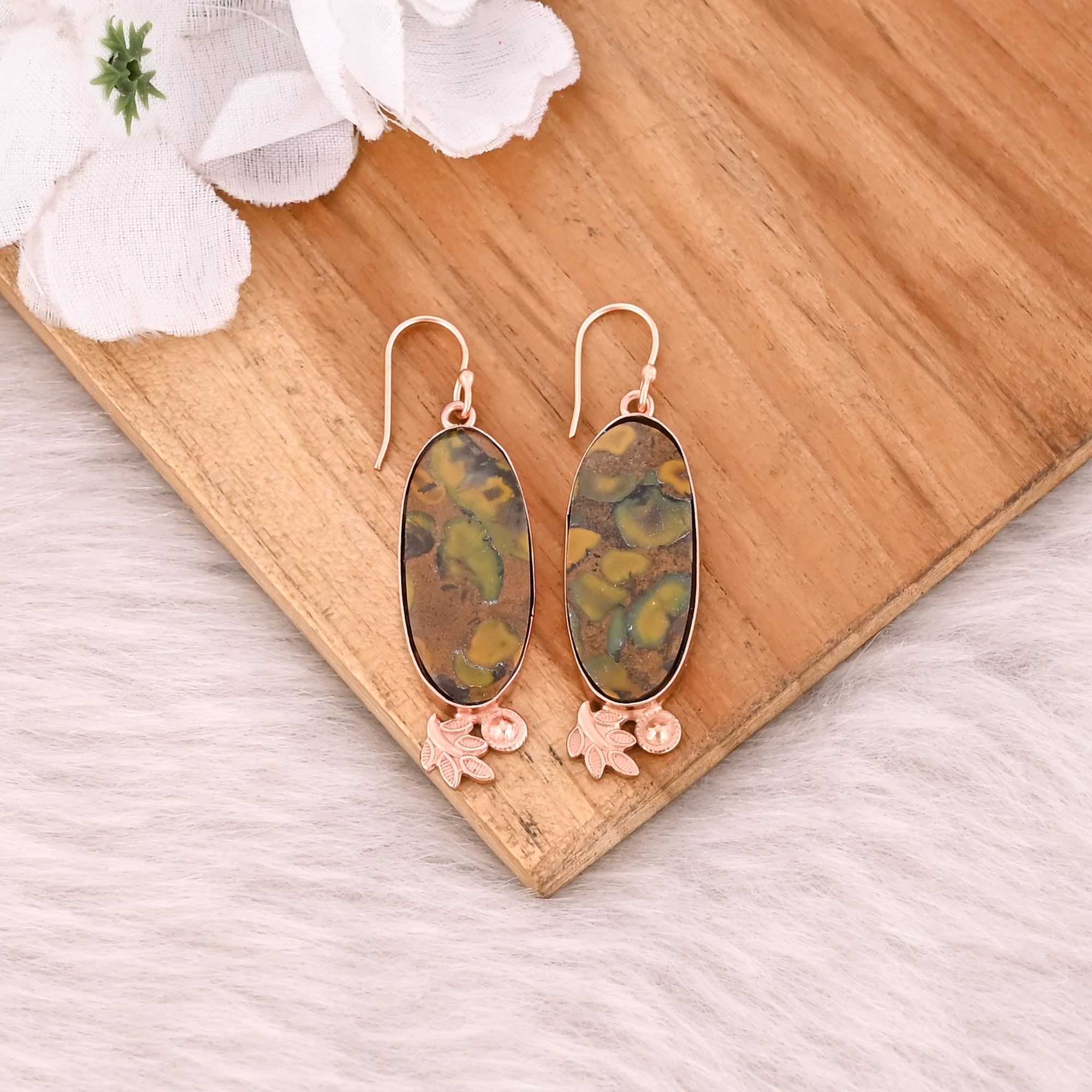 Fruit Jasper Gemstone Rose Gold Plated Brass Handmade Dangle Designer Statement Earring