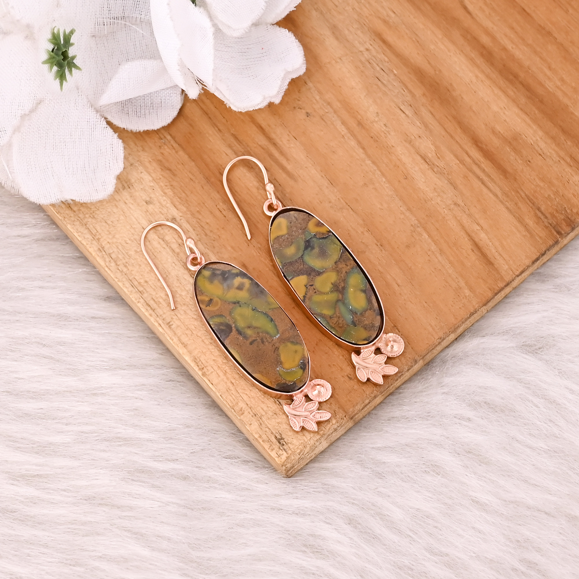 Fruit Jasper Gemstone Rose Gold Plated Brass Handmade Dangle Designer Statement Earring