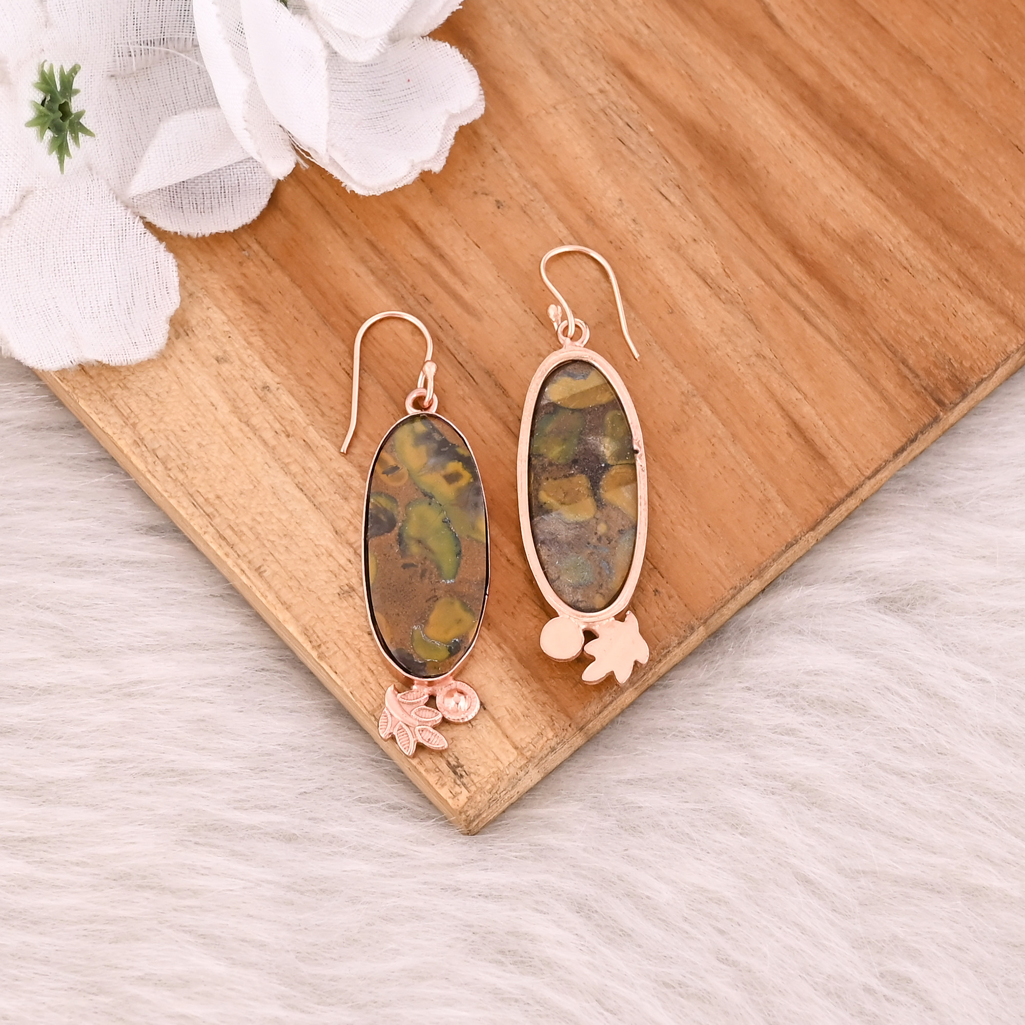 Fruit Jasper Gemstone Rose Gold Plated Brass Handmade Dangle Designer Statement Earring