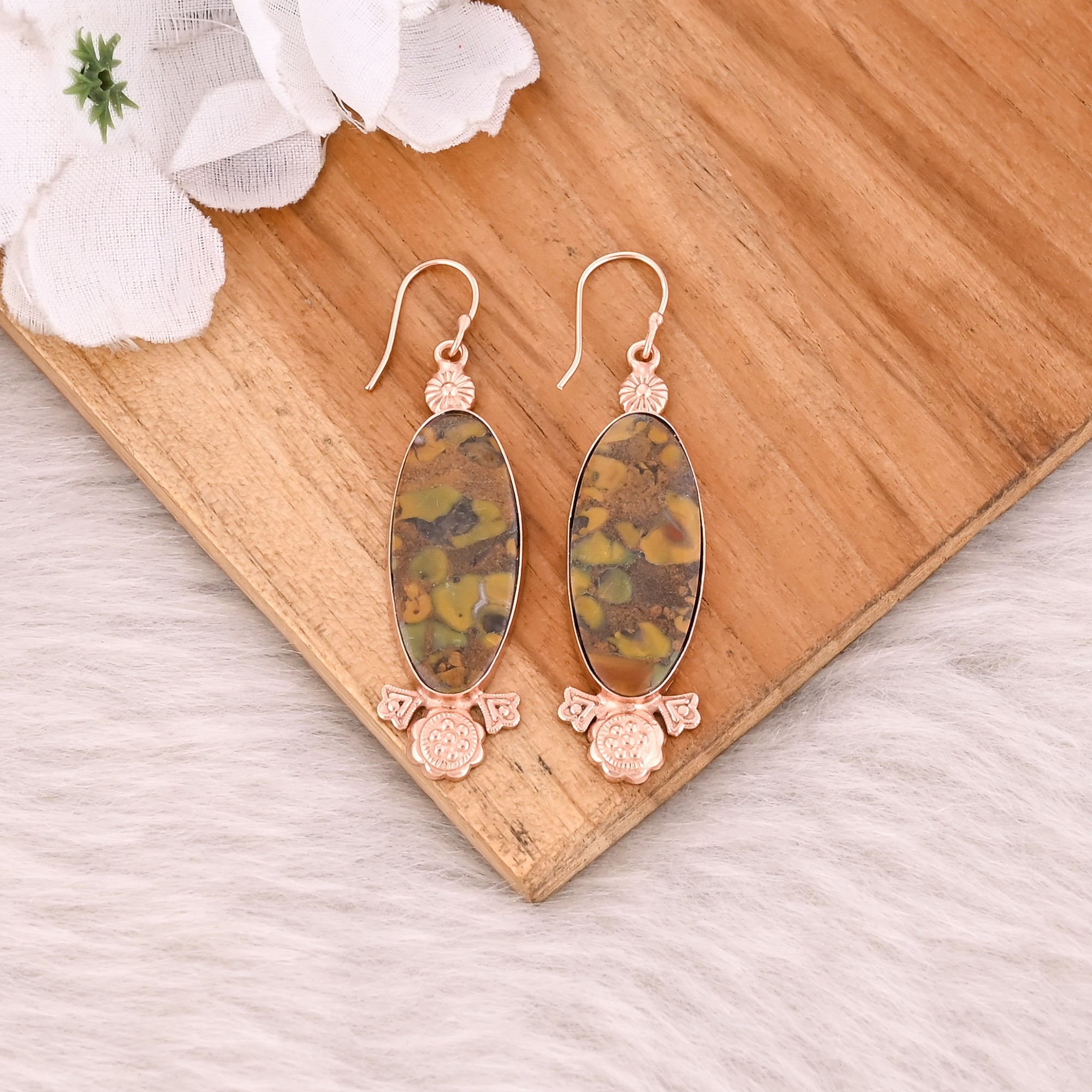 Fruit Jasper Big Oval Gemstone Rose Gold Plated Brass Handmade Dangle Designer Earring