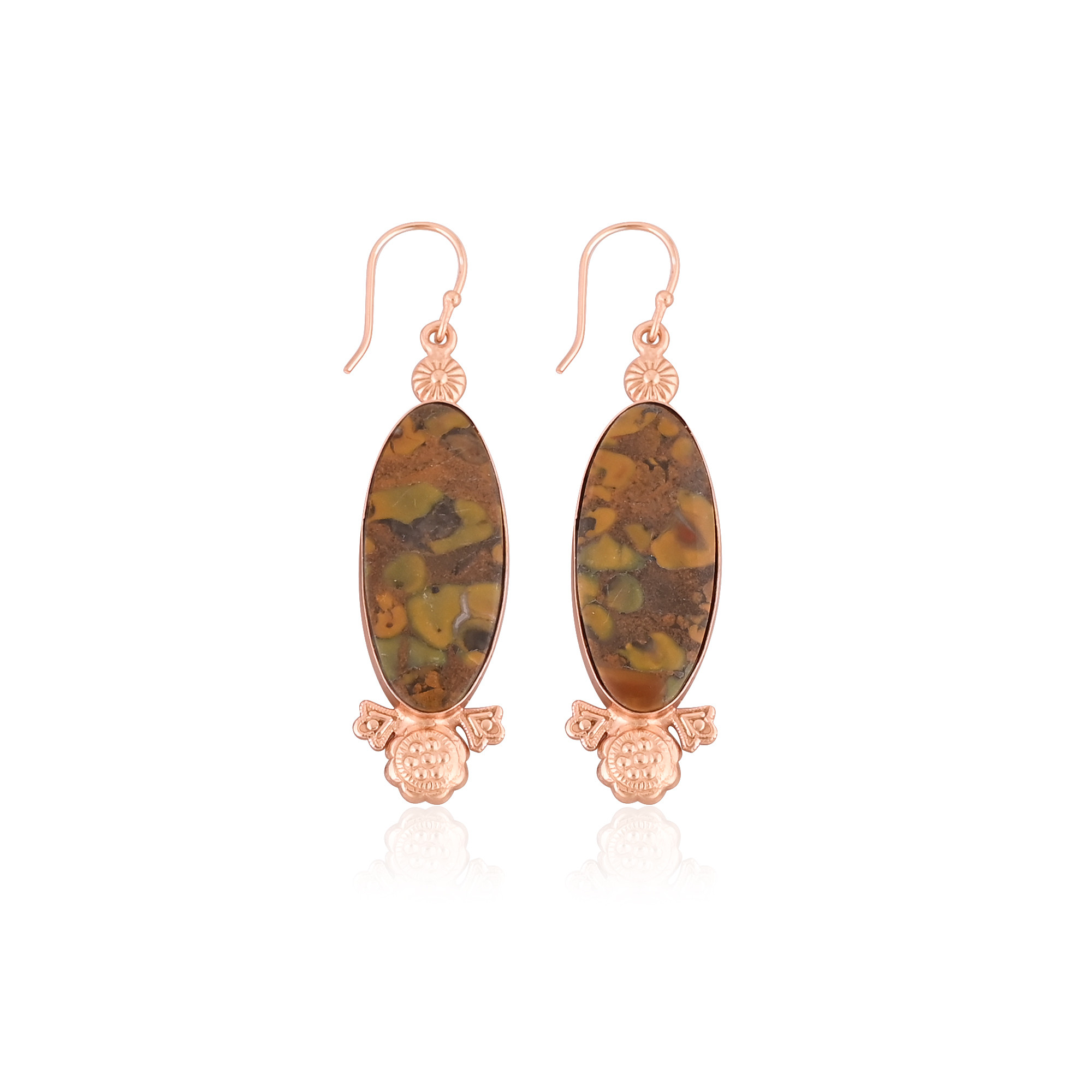 Fruit Jasper Big Oval Gemstone Rose Gold Plated Brass Handmade Dangle Designer Earring