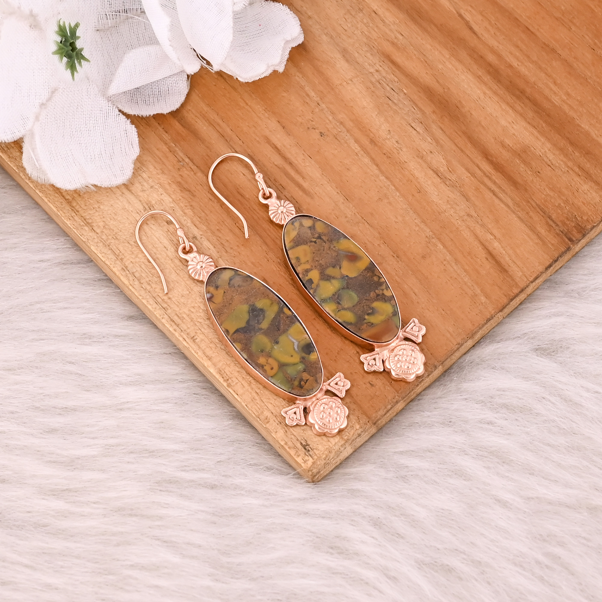Fruit Jasper Big Oval Gemstone Rose Gold Plated Brass Handmade Dangle Designer Earring