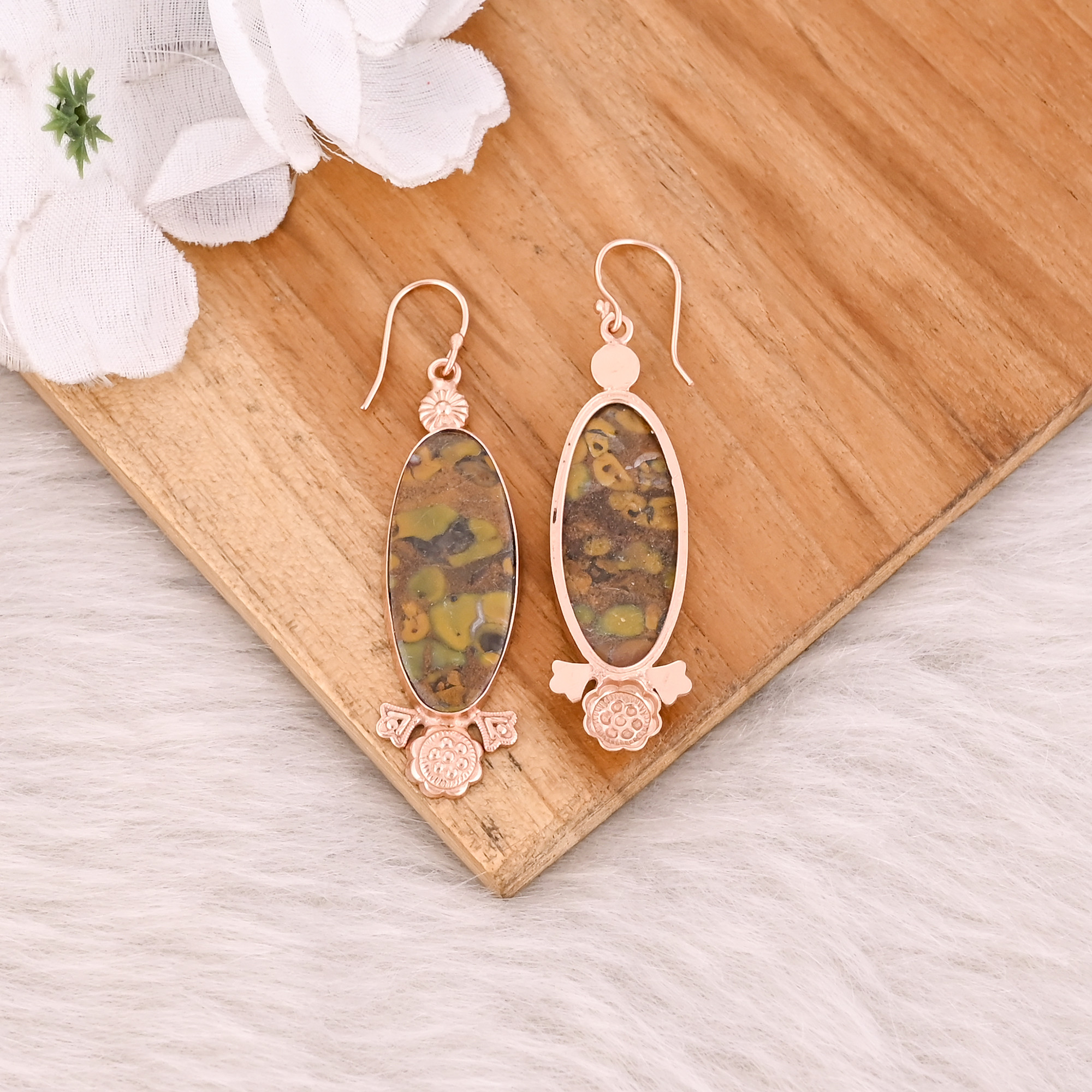 Fruit Jasper Big Oval Gemstone Rose Gold Plated Brass Handmade Dangle Designer Earring
