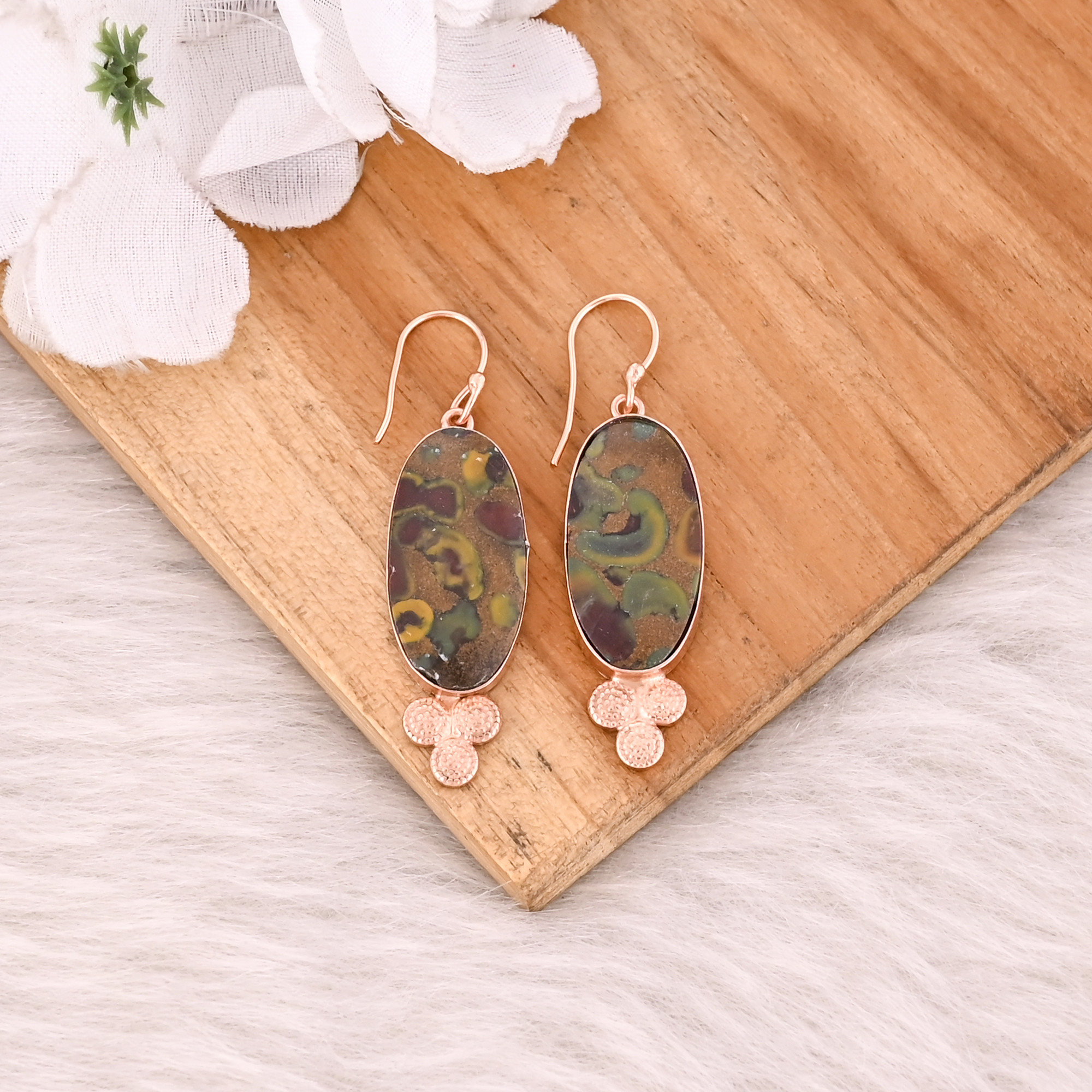 Fruit Jasper Gemstone Rose Gold Plated Brass Handmade Boho Designer Women Dangler Earring