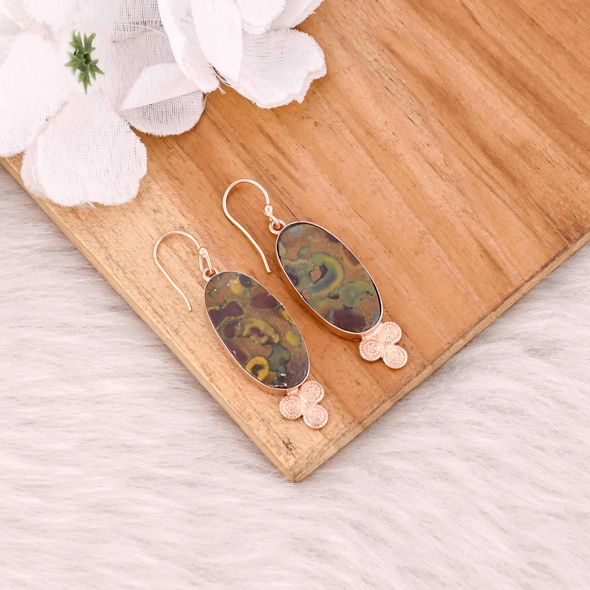 Fruit Jasper Gemstone Rose Gold Plated Brass Handmade Boho Designer Women Dangler Earring