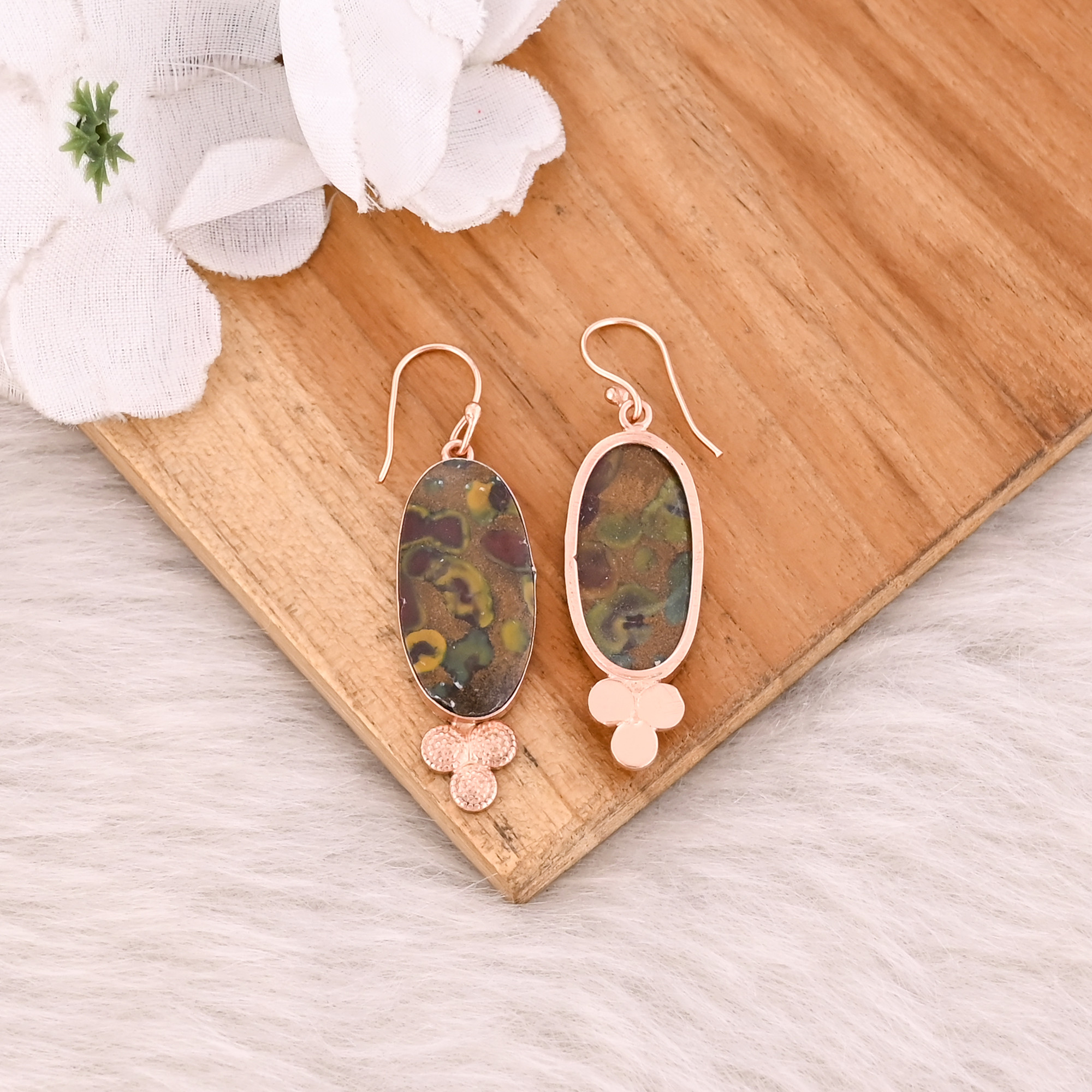 Fruit Jasper Gemstone Rose Gold Plated Brass Handmade Boho Designer Women Dangler Earring