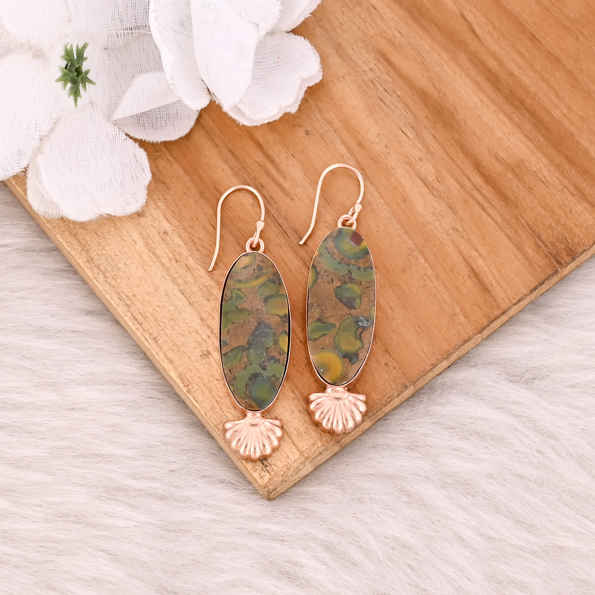 Fruit Jasper Gemstone Rose Gold Plated Brass Handmade Dangle Designer Statement Earring