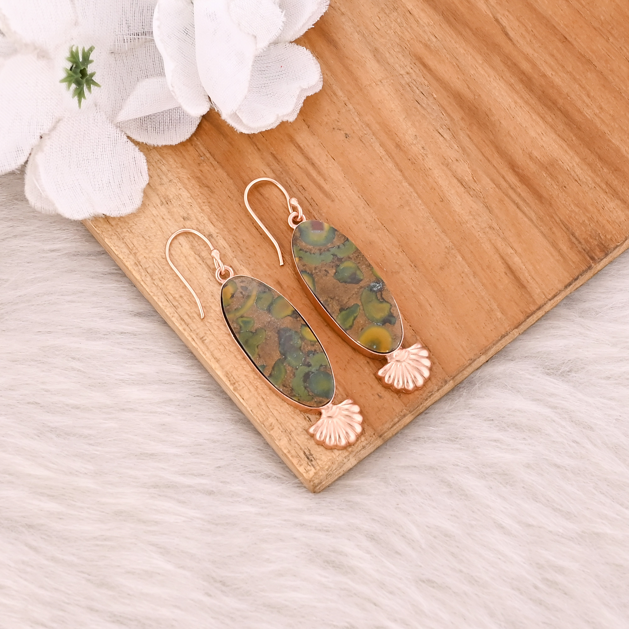 Fruit Jasper Gemstone Rose Gold Plated Brass Handmade Dangle Designer Statement Earring