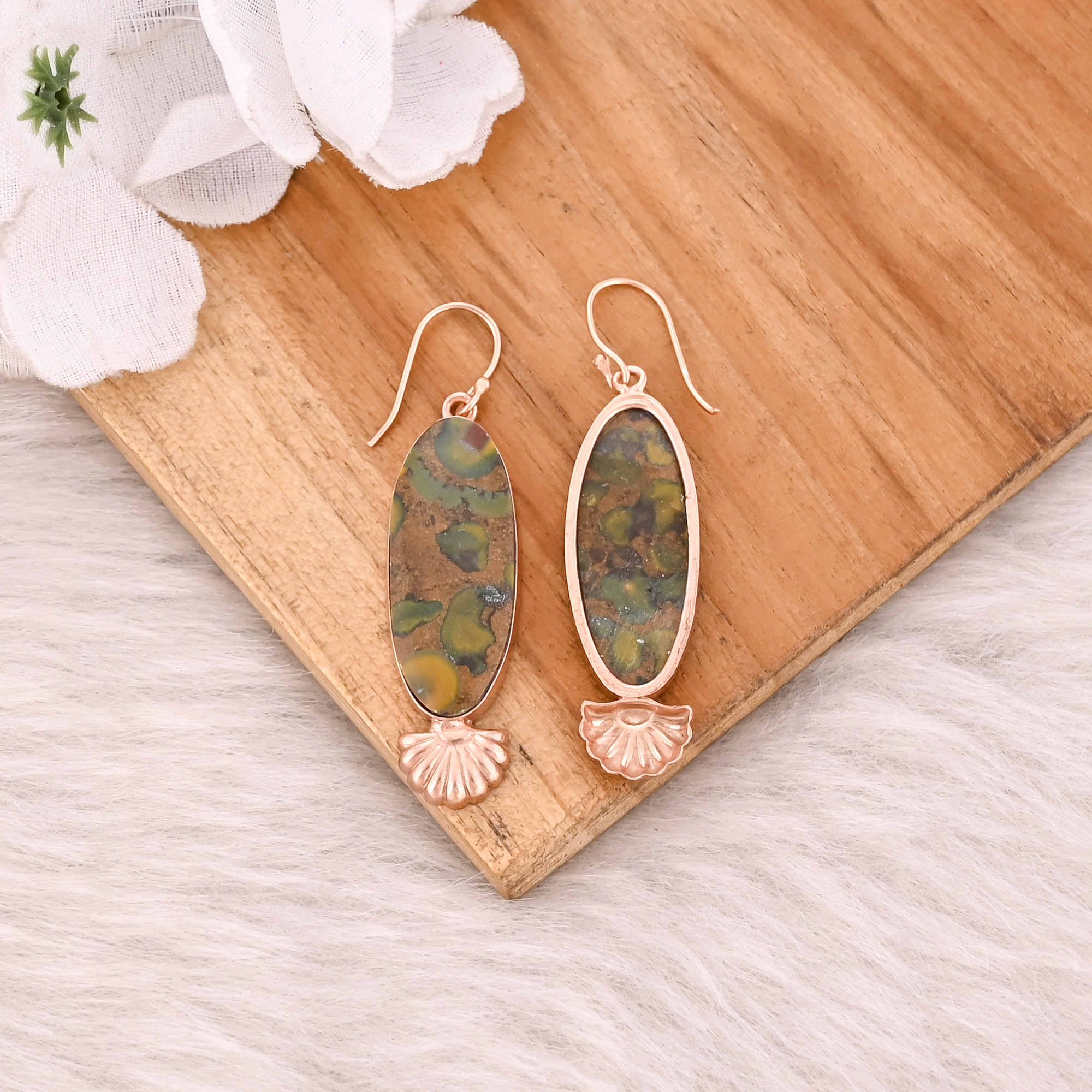 Fruit Jasper Gemstone Rose Gold Plated Brass Handmade Dangle Designer Statement Earring