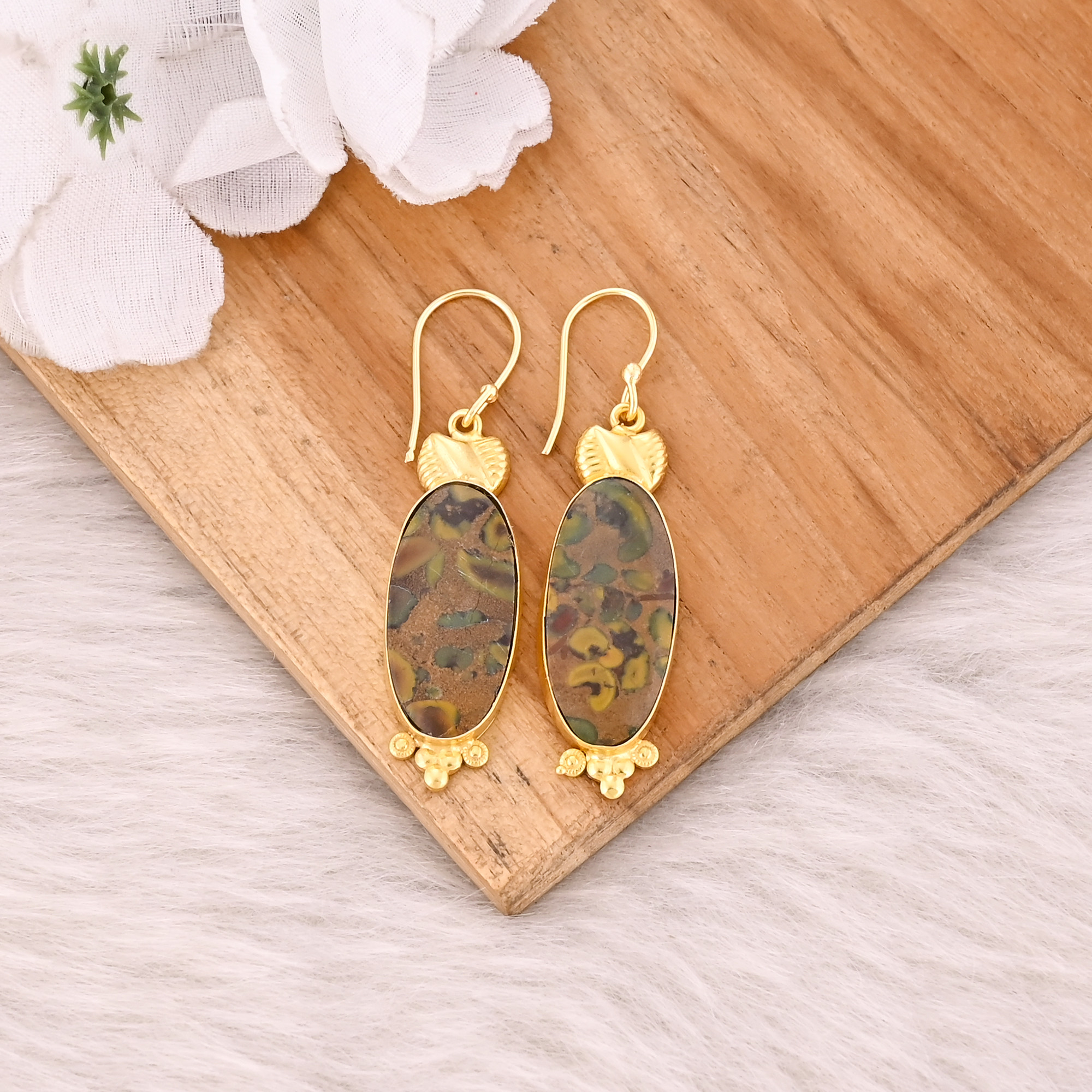 Brass Yellow Gold Plated Fruit jasper Handmade Designer Fashion Earring