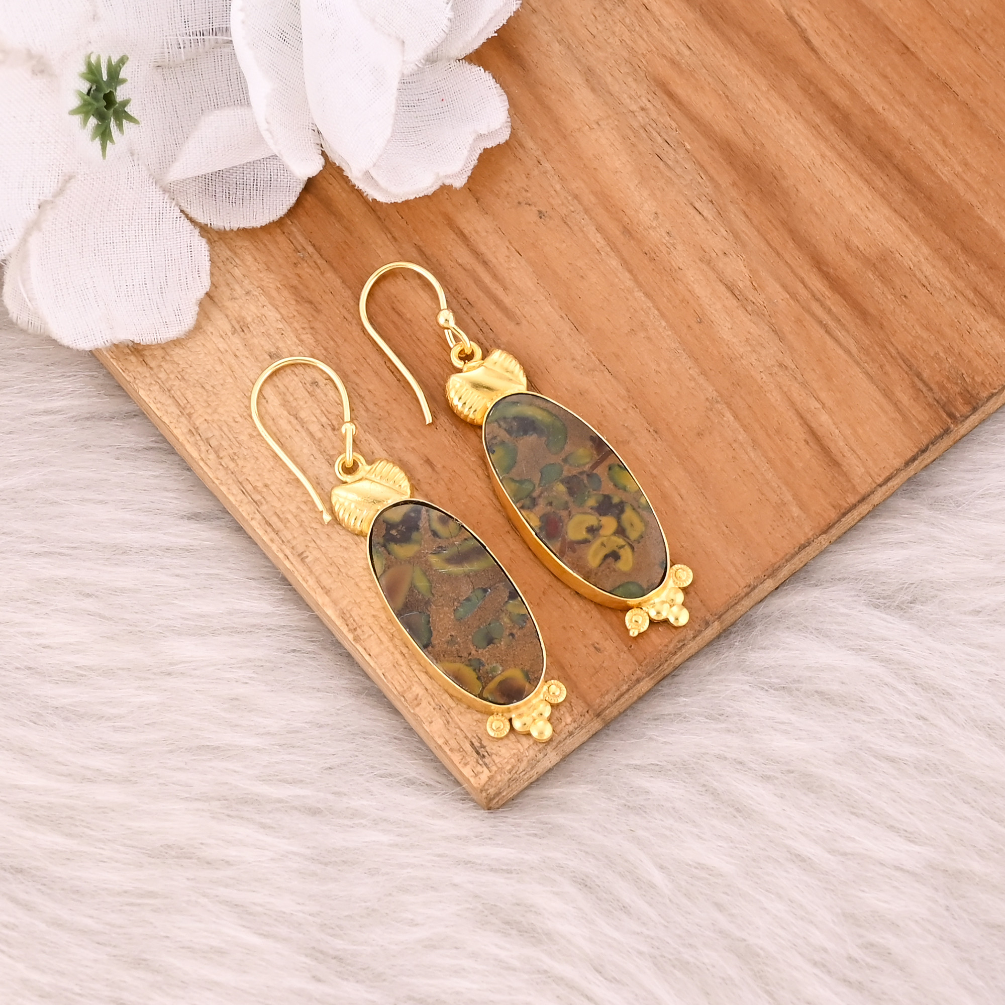 Brass Yellow Gold Plated Fruit jasper Handmade Designer Fashion Earring