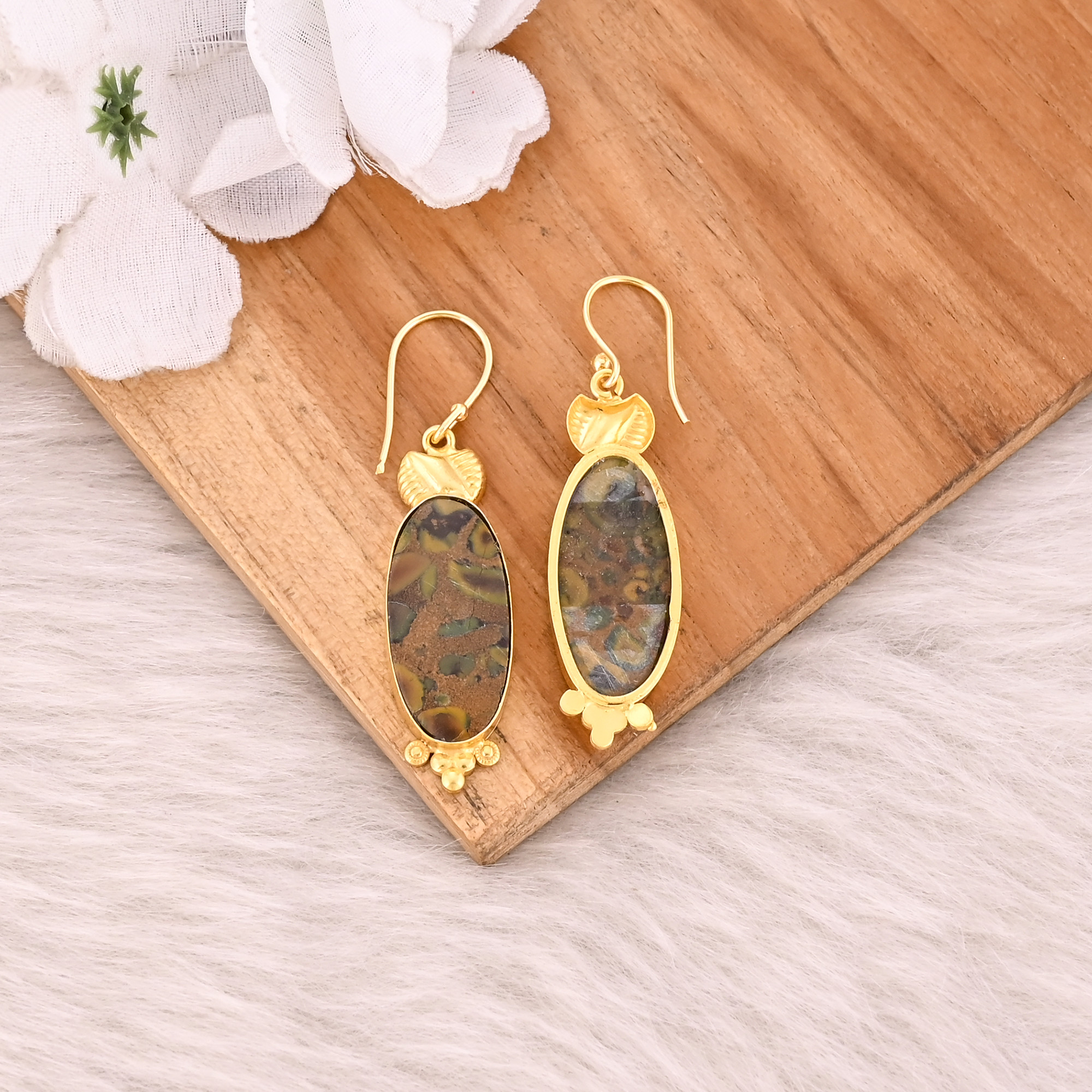 Brass Yellow Gold Plated Fruit jasper Handmade Designer Fashion Earring