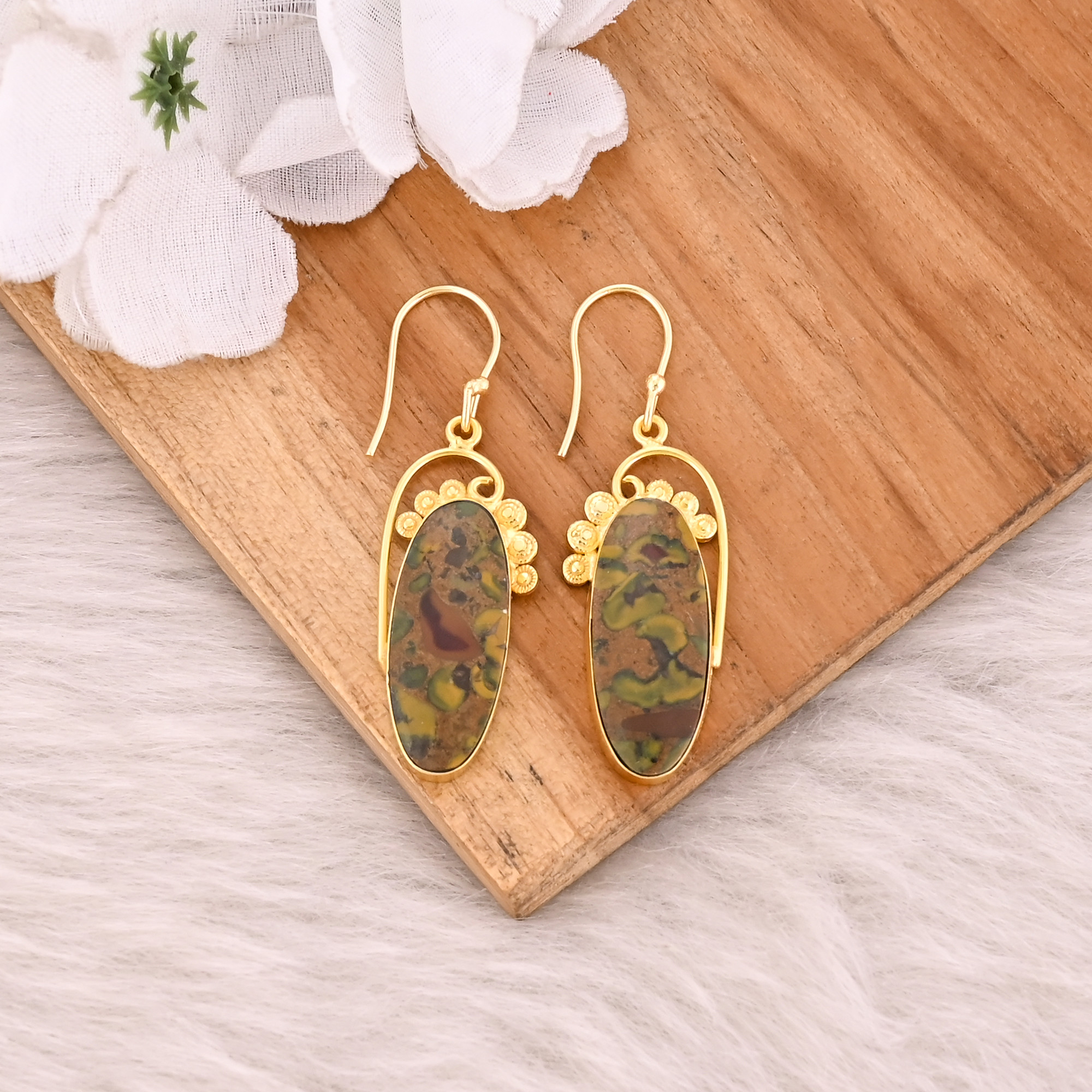Fruit Jasper Gemstone Yellow Gold Plated Boho Designer Women Dangle Earring