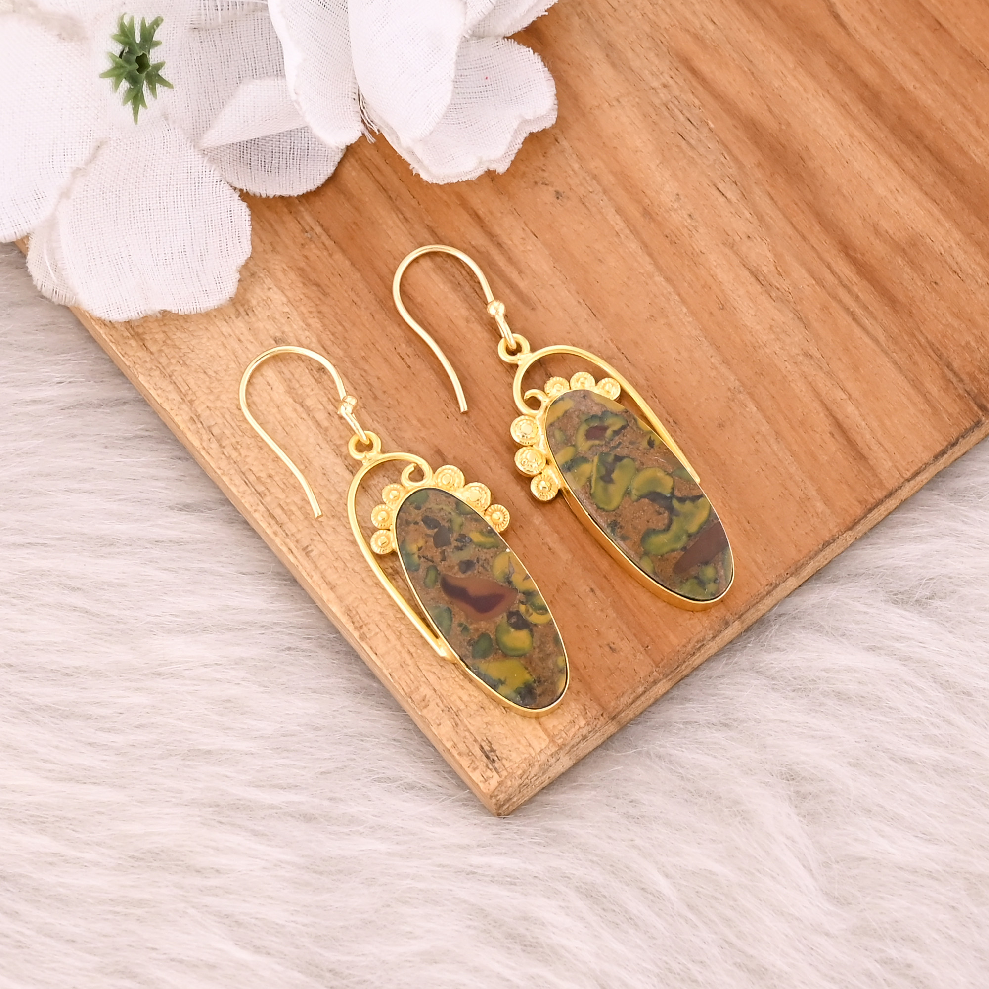 Fruit Jasper Gemstone Yellow Gold Plated Boho Designer Women Dangle Earring